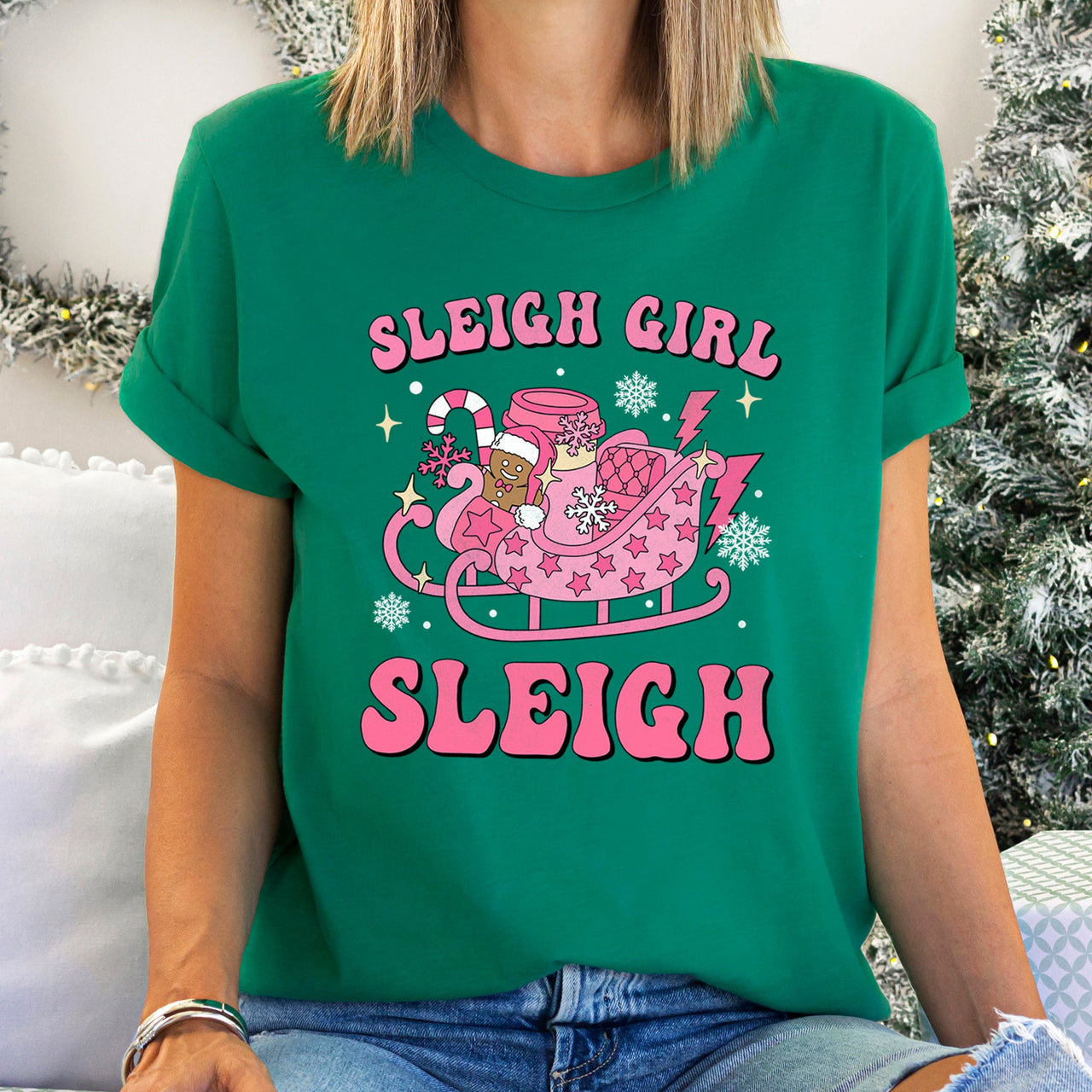 Sleigh Girl Sleigh Christmas Retro Vintage Snow Scene Cozy Nostalgia Festive Cheer Across Winter Night Graphic Tee