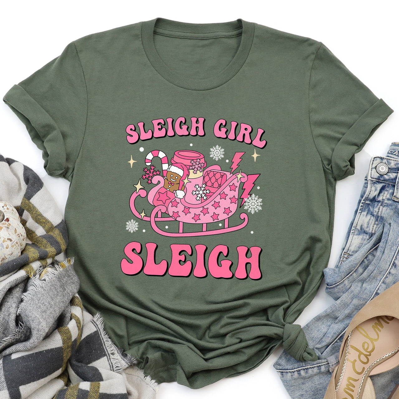Sleigh Girl Sleigh Christmas Retro Vintage Snow Scene Cozy Nostalgia Festive Cheer Across Winter Night Graphic Tee