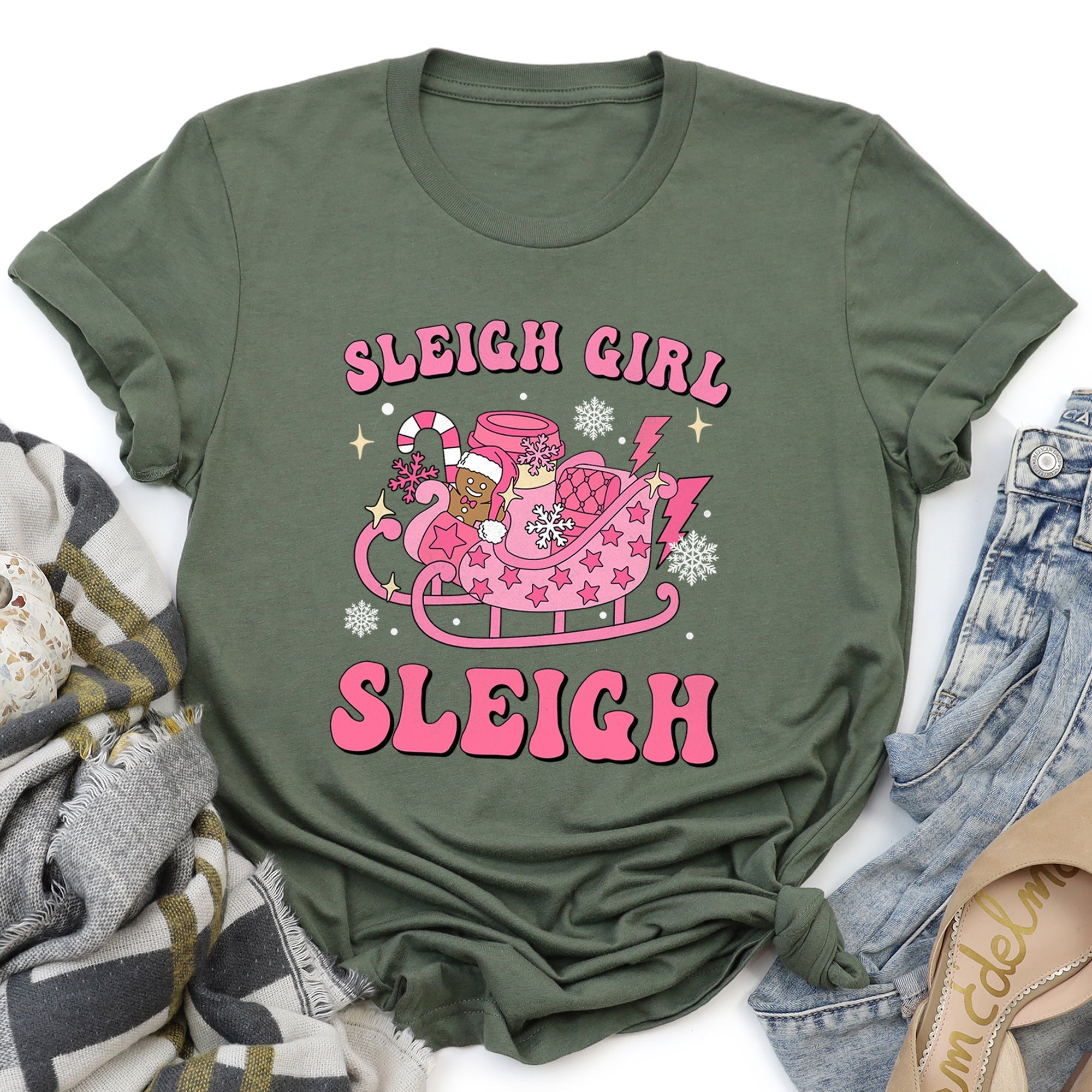 Sleigh Girl Sleigh Christmas Retro Vintage Snow Scene Cozy Nostalgia Festive Cheer Across Winter Night Graphic Tee