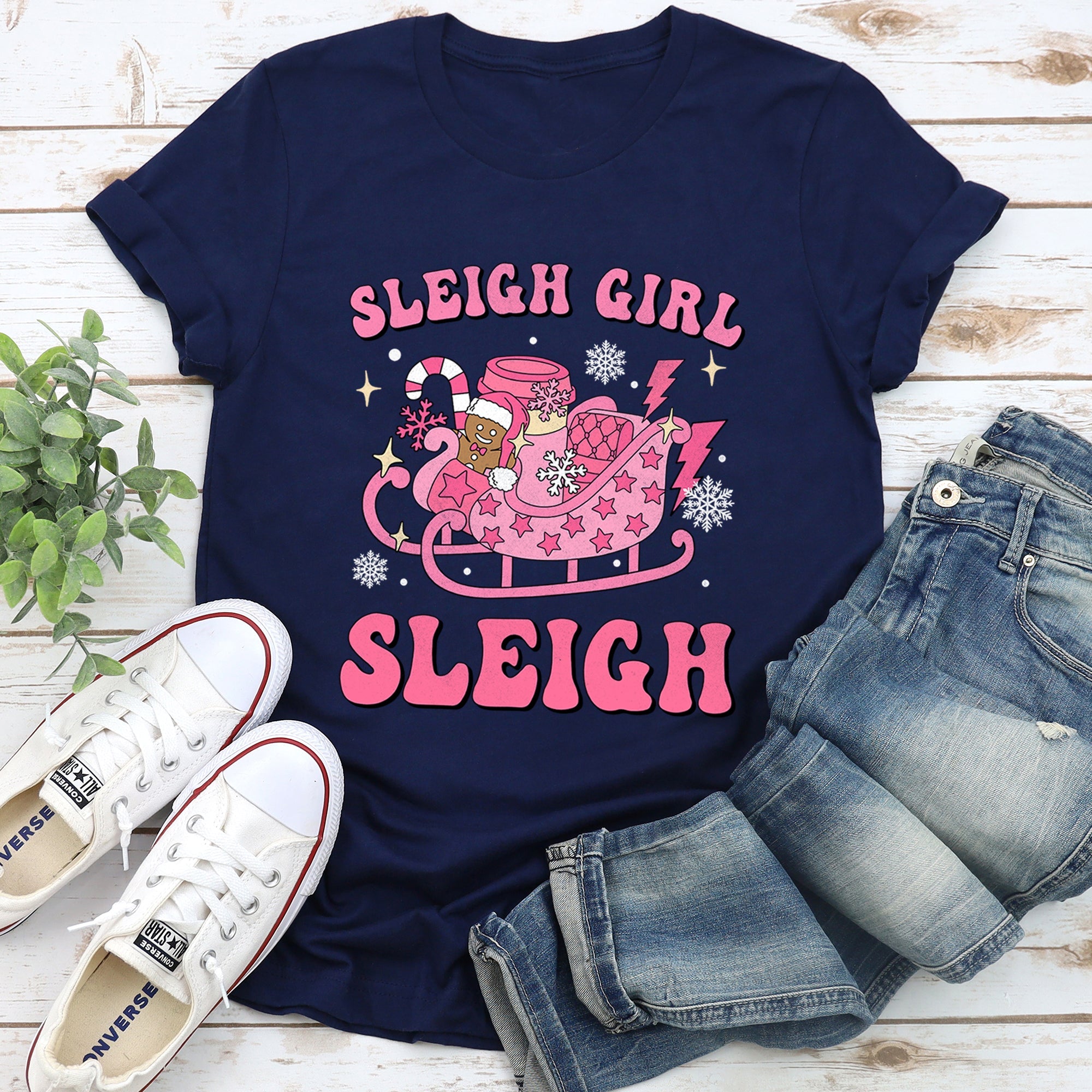 Sleigh Girl Sleigh Christmas Retro Vintage Snow Scene Cozy Nostalgia Festive Cheer Across Winter Night Graphic Tee