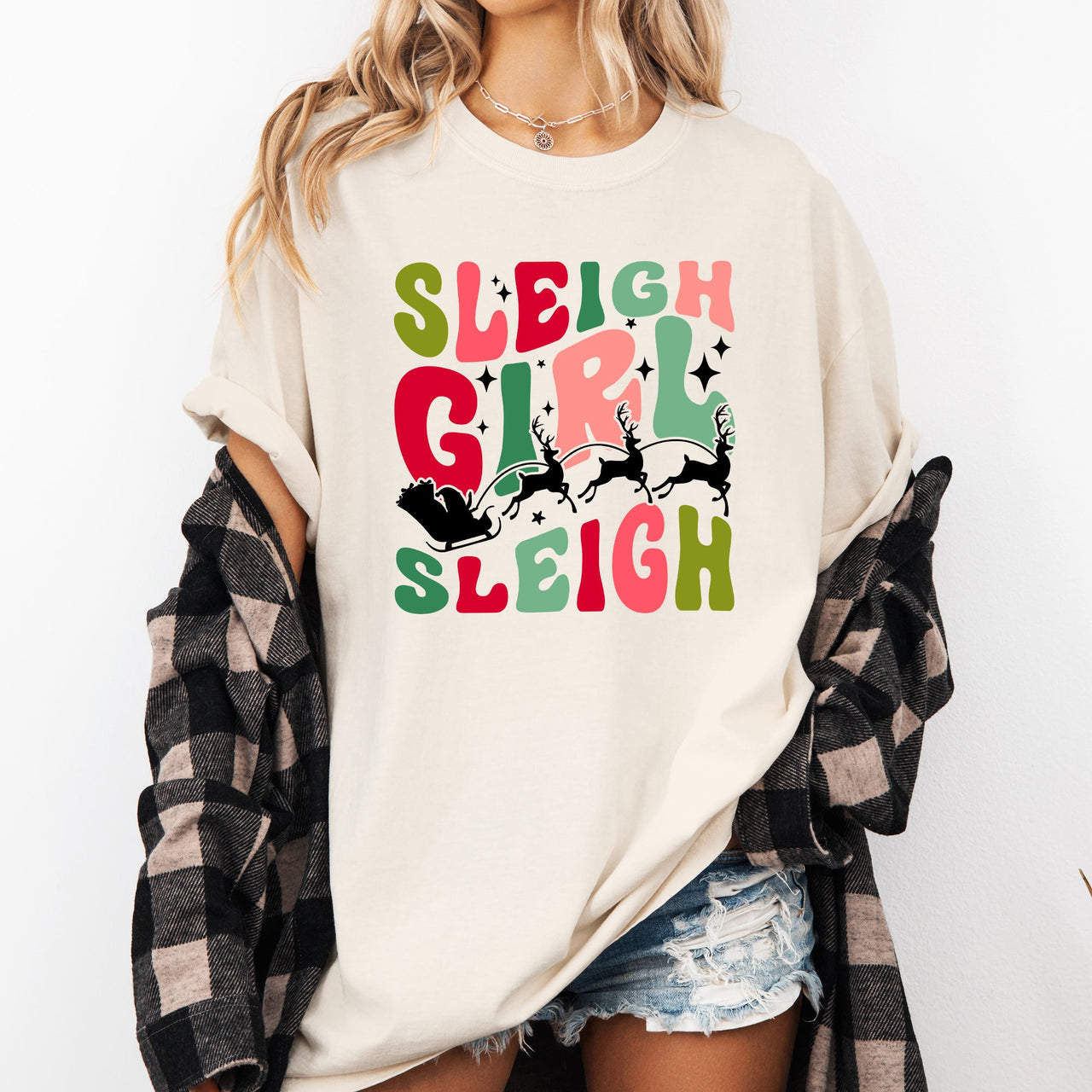 Sleigh Girl Sleigh Santa Christmas Reindeer Winter Xmas Holiday Comfort Colors Tee