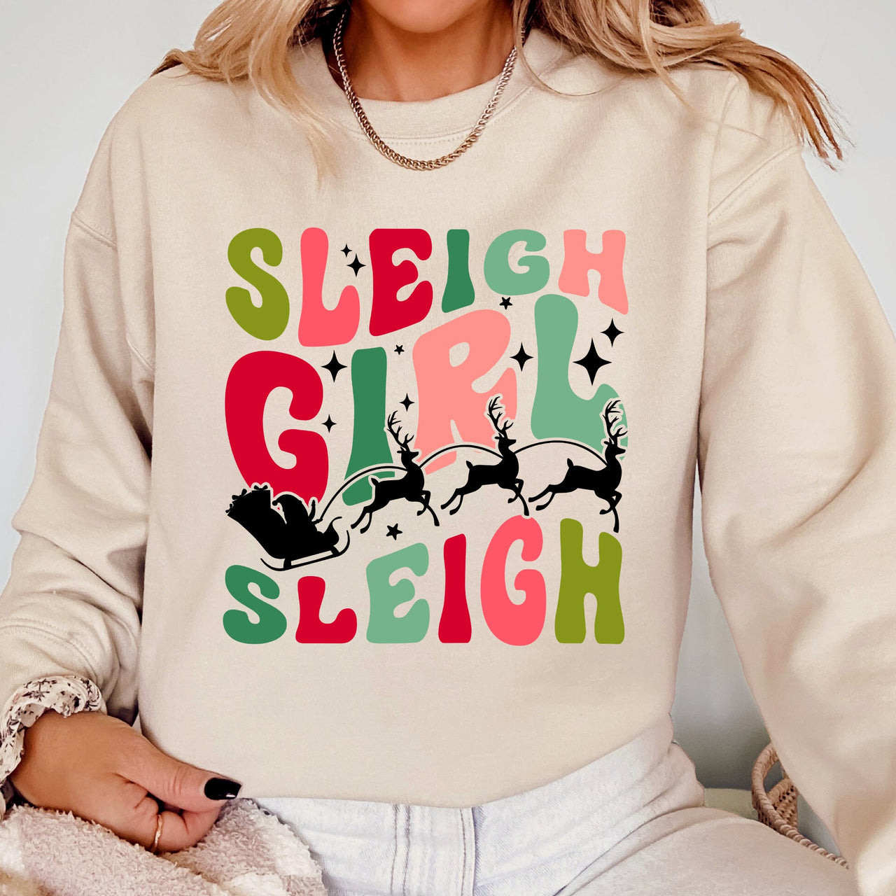 Sleigh Girl Sleigh Santa Christmas Reindeer Winter Xmas Cozy Fleece Holiday Print Sweatshirt