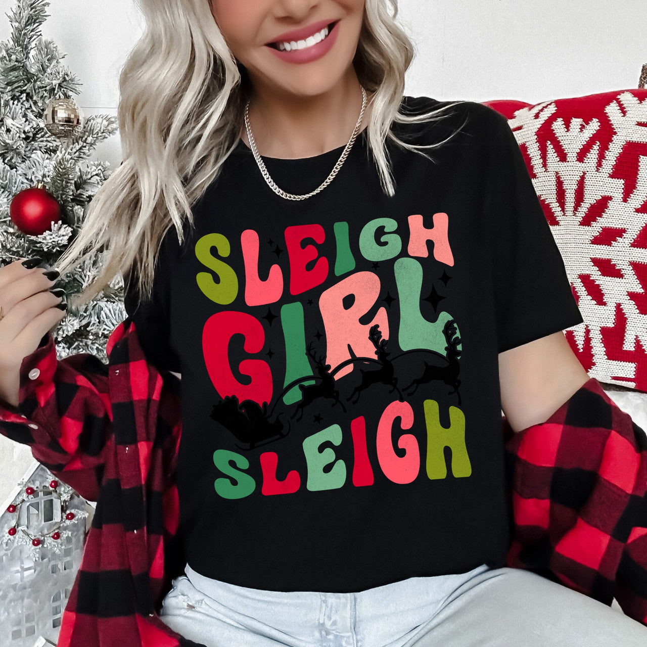 Sleigh Girl Sleigh Santa Christmas Retro Holiday Joy Classic Vintage Inspired Graphic Tee