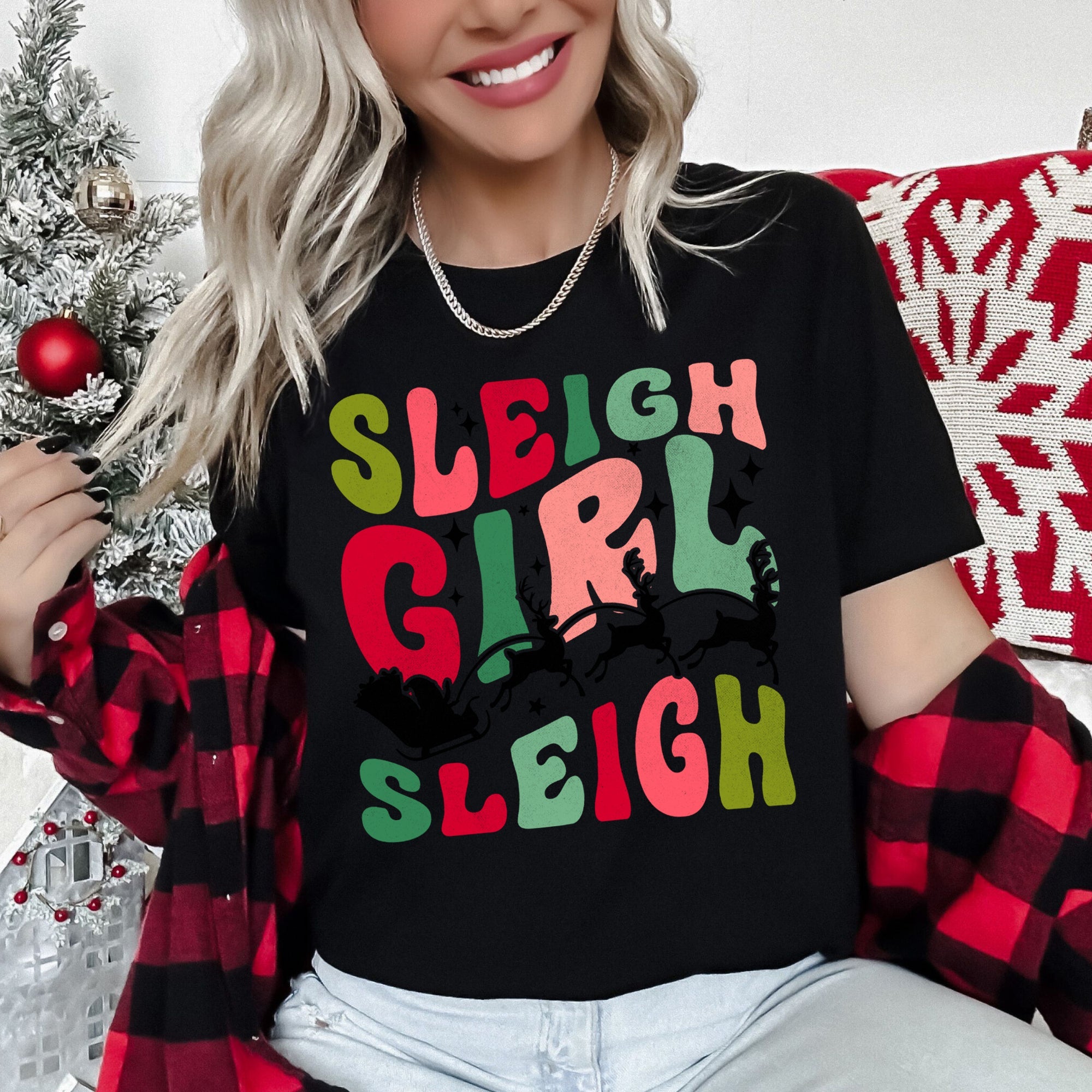 Sleigh Girl Sleigh Santa Christmas Retro Holiday Joy Classic Vintage Inspired Graphic Tee