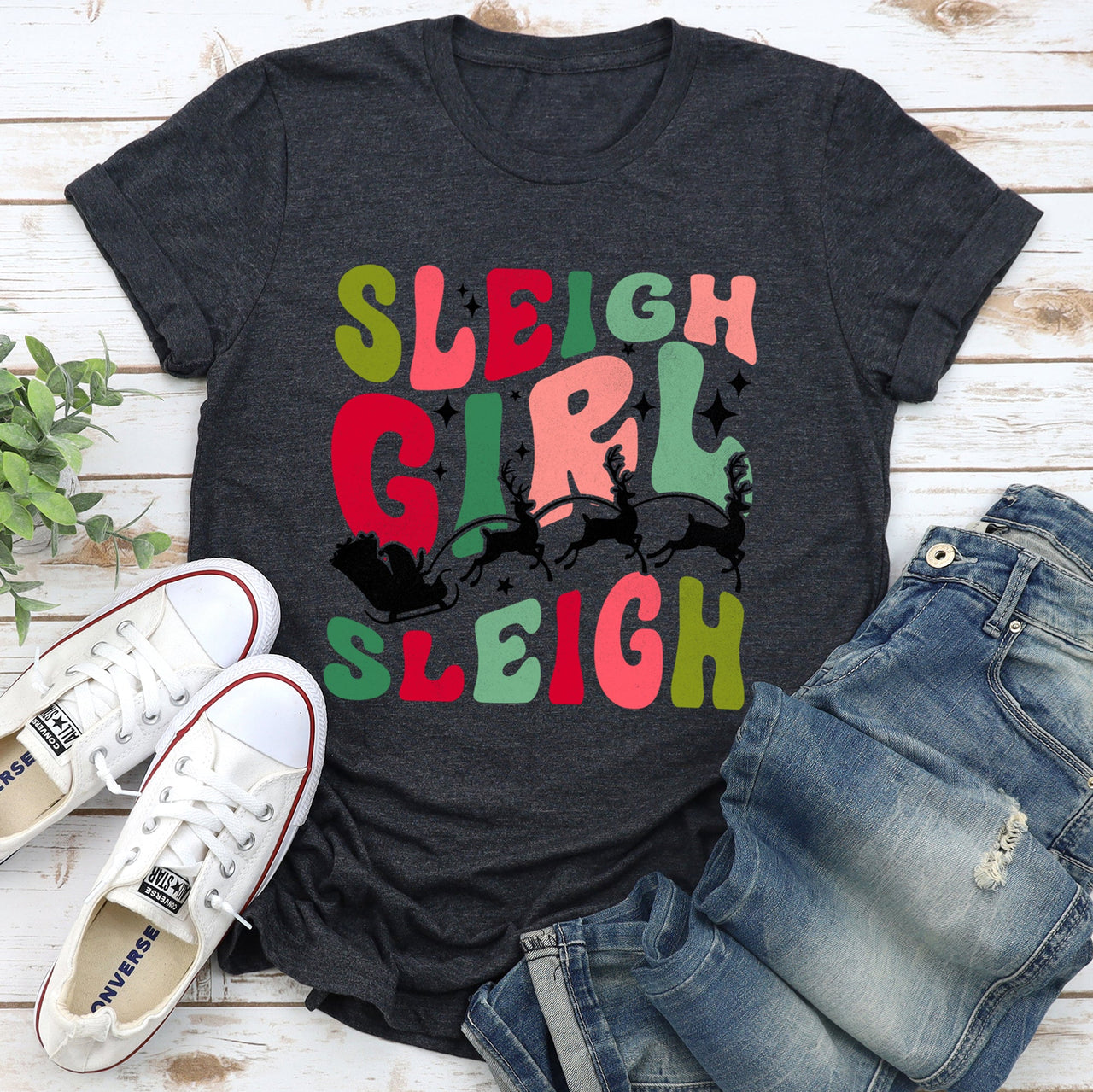 Sleigh Girl Sleigh Santa Christmas Retro Holiday Joy Classic Vintage Inspired Graphic Tee