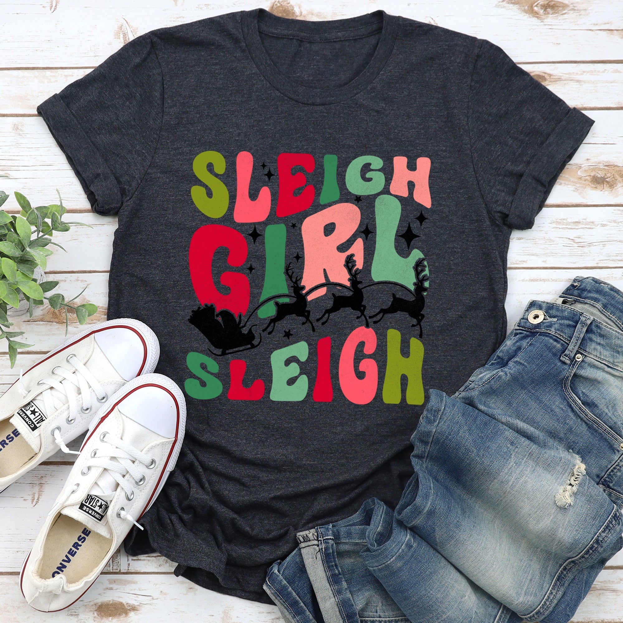 Sleigh Girl Sleigh Santa Christmas Retro Holiday Joy Classic Vintage Inspired Graphic Tee