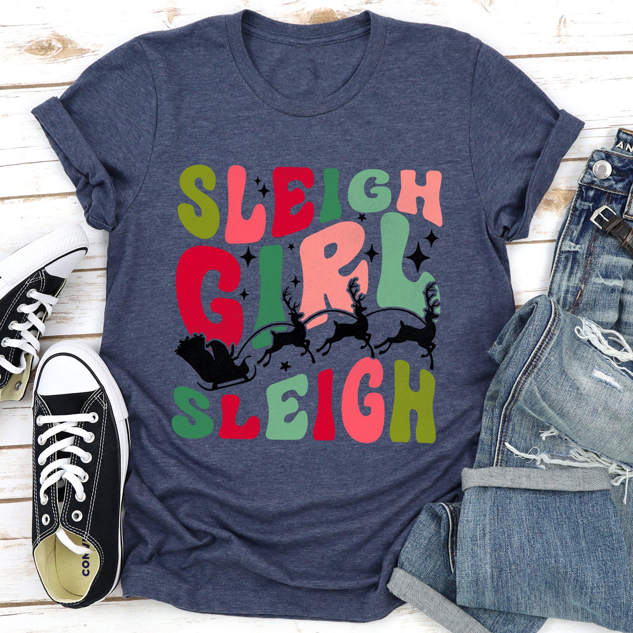 Sleigh Girl Sleigh Santa Christmas Retro Holiday Joy Classic Vintage Inspired Graphic Tee