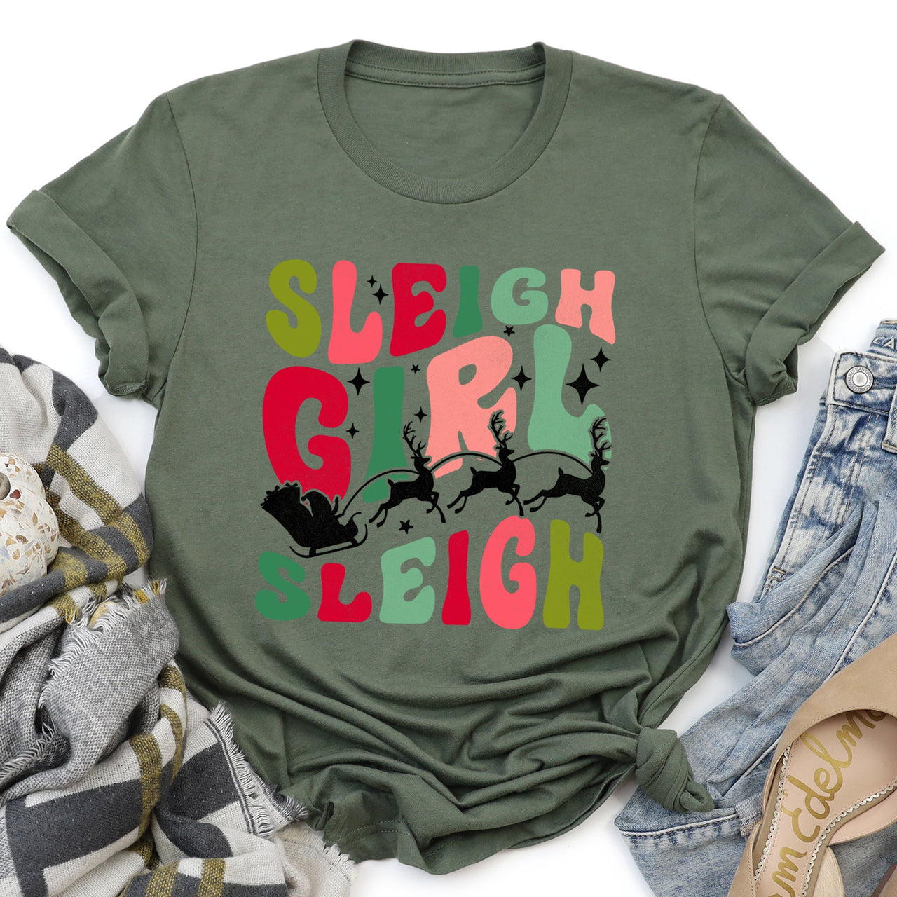 Sleigh Girl Sleigh Santa Christmas Retro Holiday Joy Classic Vintage Inspired Graphic Tee