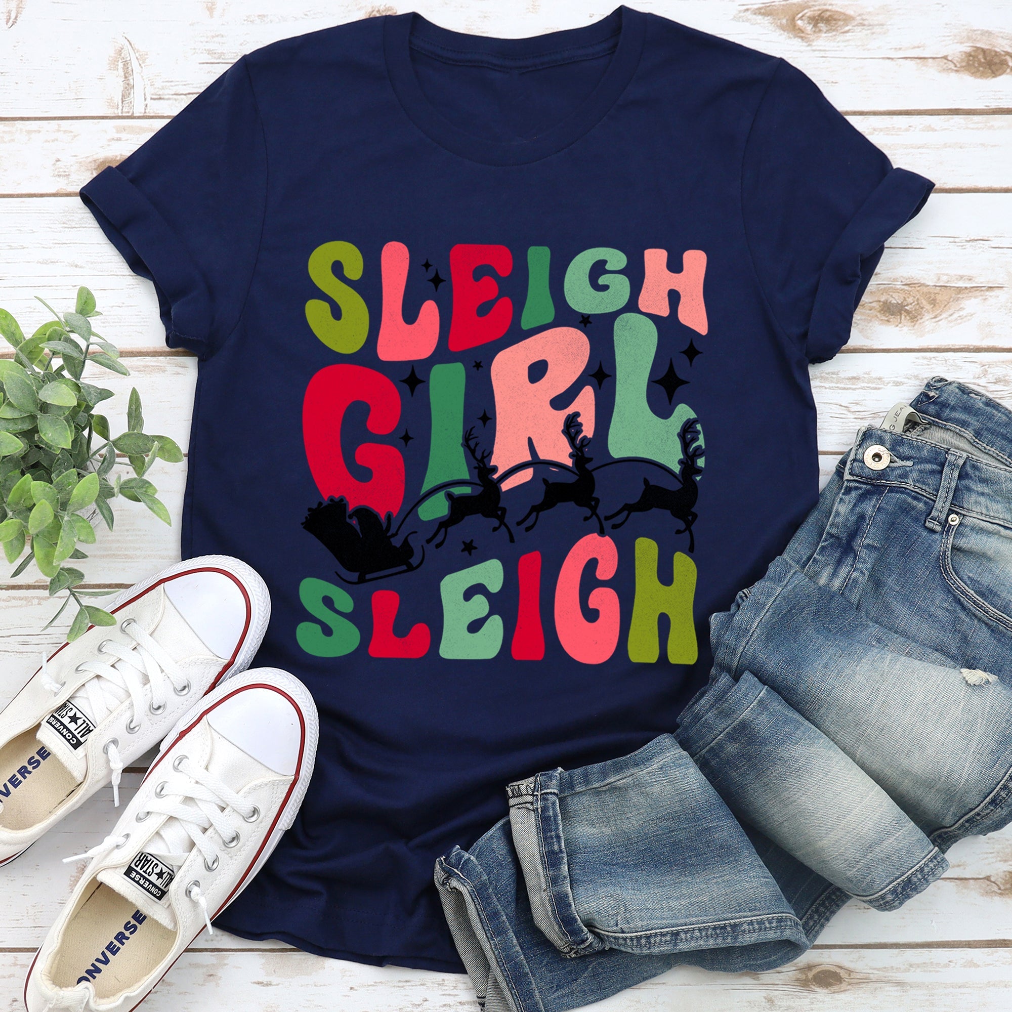 Sleigh Girl Sleigh Santa Christmas Retro Holiday Joy Classic Vintage Inspired Graphic Tee