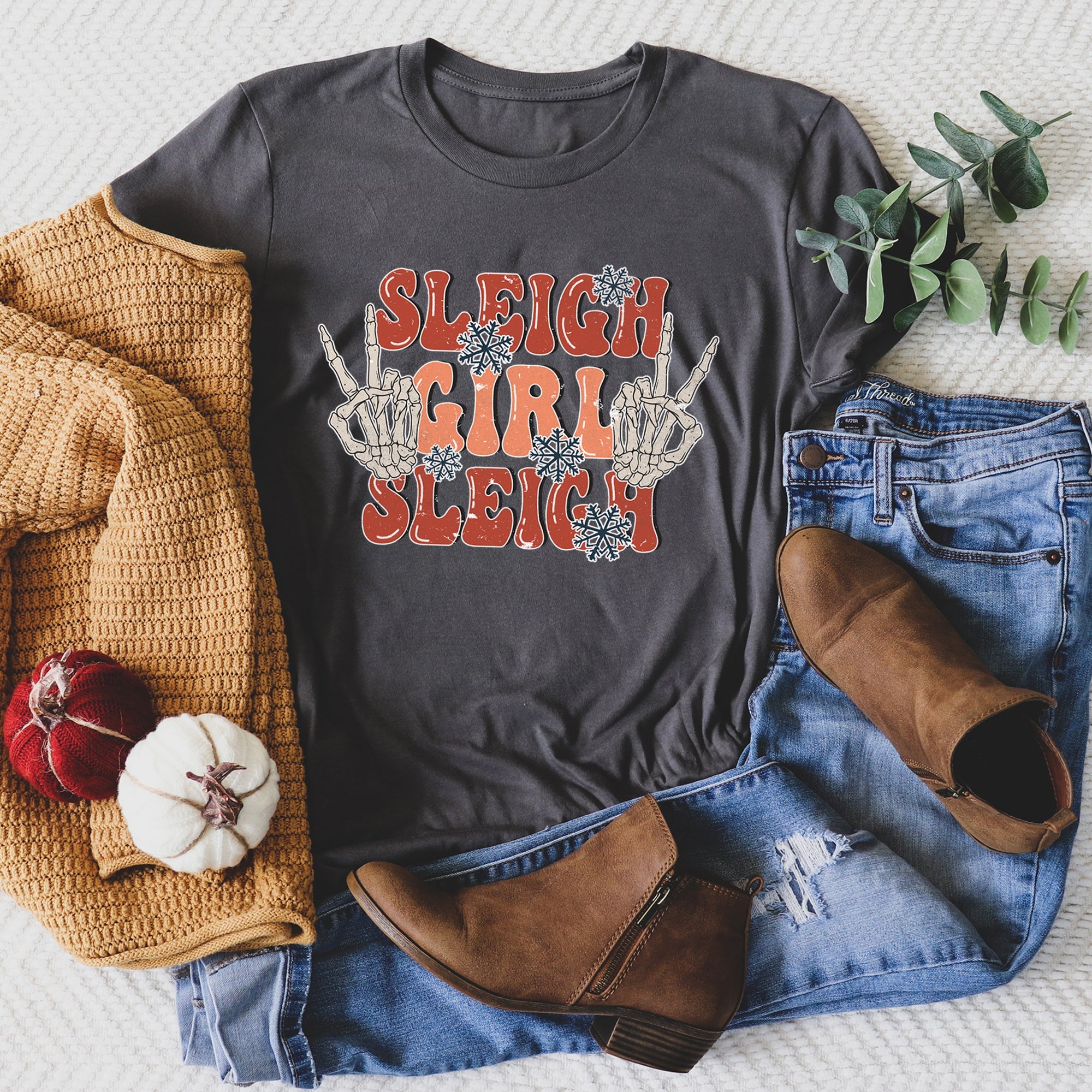 Sleigh Girl Sleigh Skeleton Christmas Retro Festive Vintage Inspired Graphic Tee