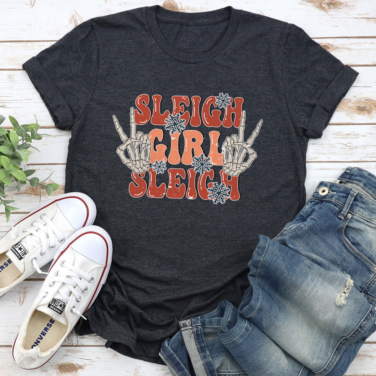 Sleigh Girl Sleigh Skeleton Christmas Retro Festive Vintage Inspired Graphic Tee