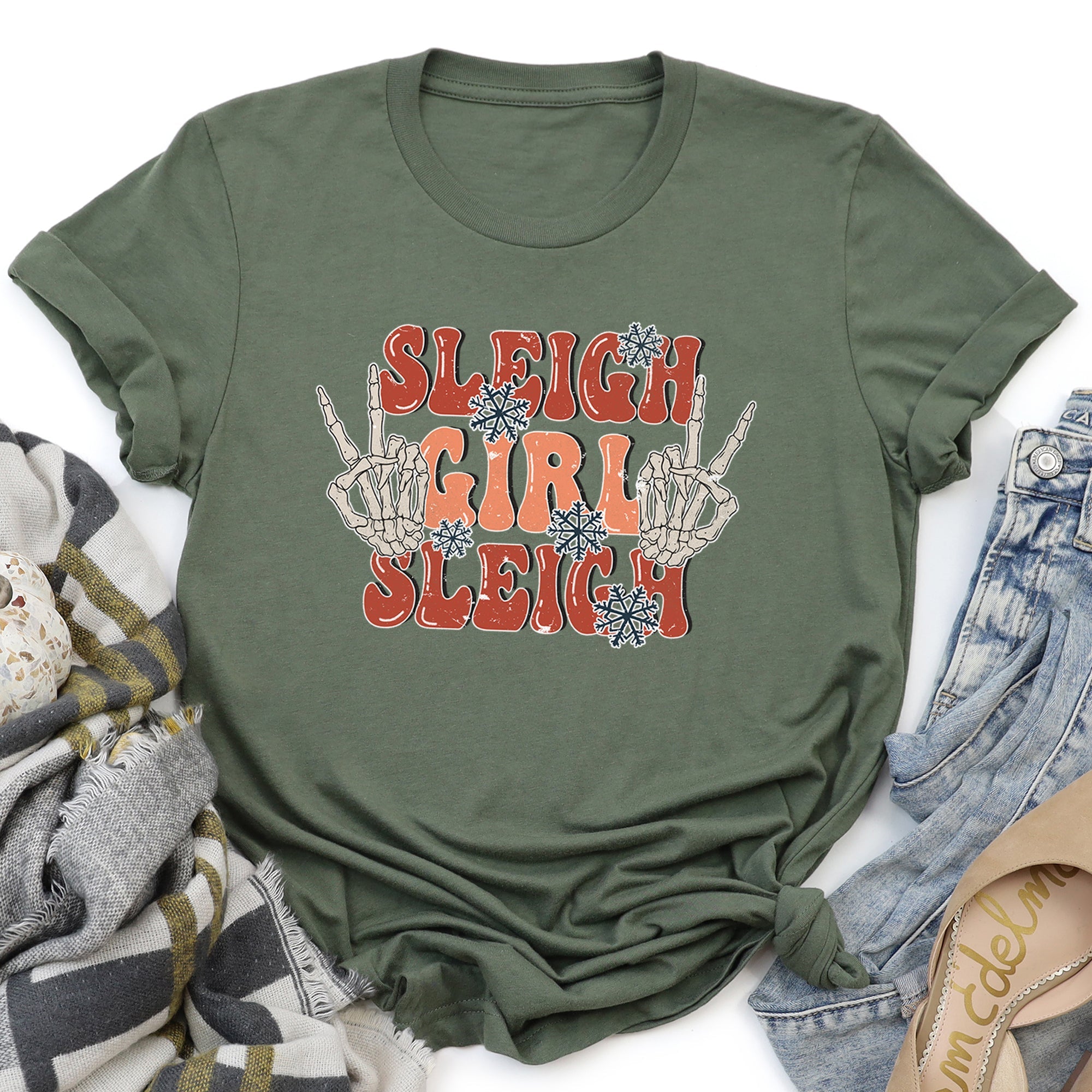 Sleigh Girl Sleigh Skeleton Christmas Retro Festive Vintage Inspired Graphic Tee