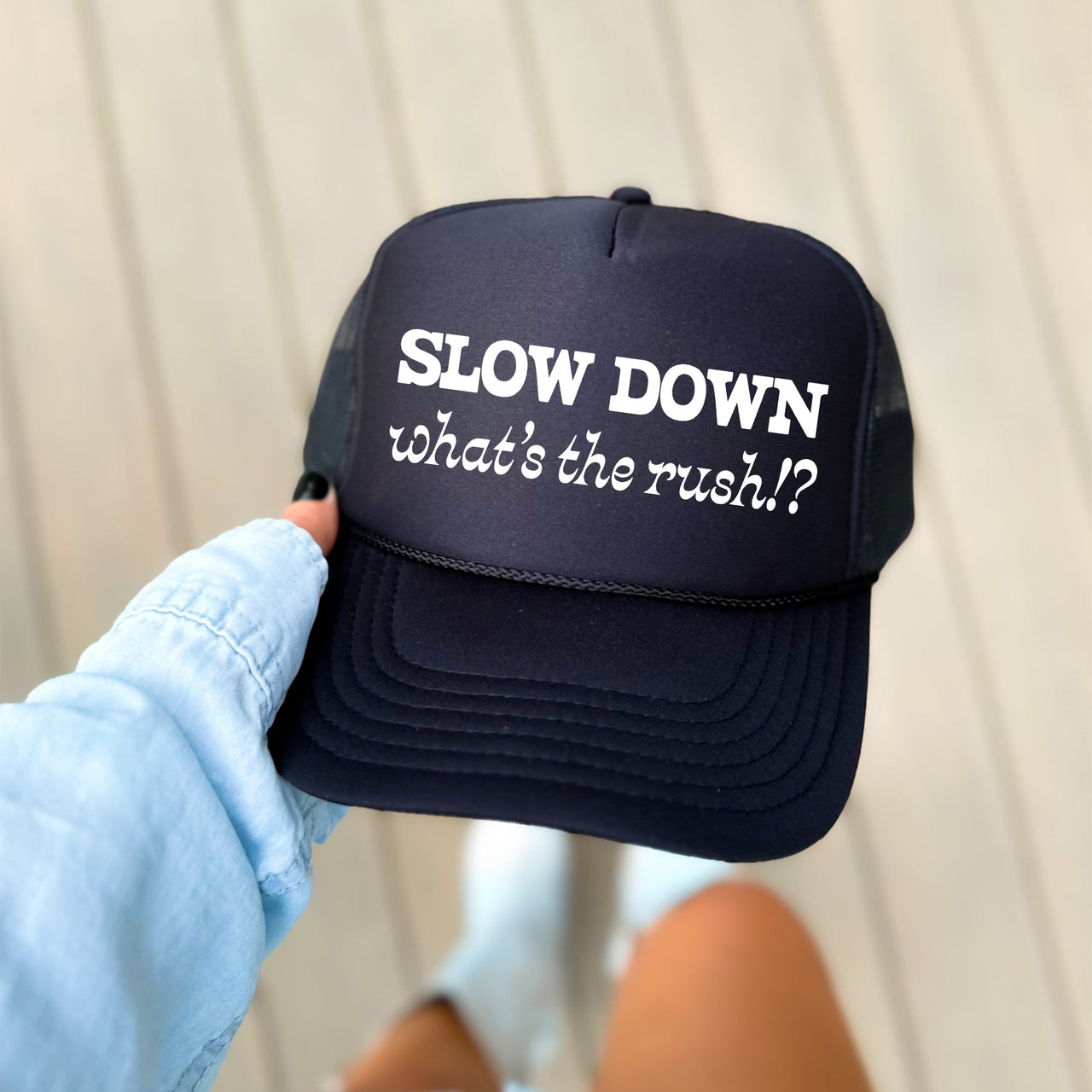 Slow Down, What's The Rush Graphic Trucker Hat With Slow Down, What's The Rush Slogan