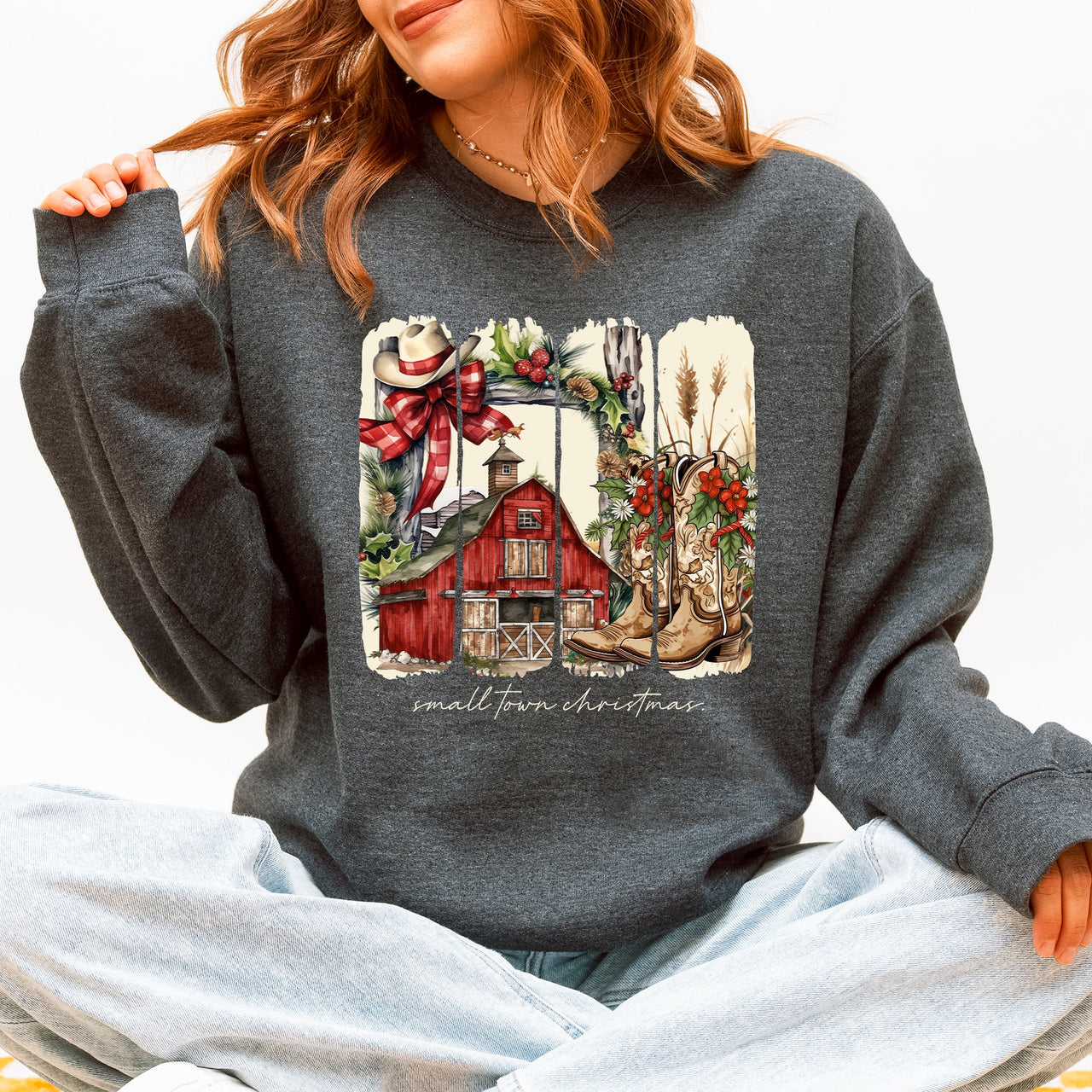Small Town Christmas, Country, Farm Life, Santa Cozy Holiday Festive Farmhouse Charm Sweatshirt