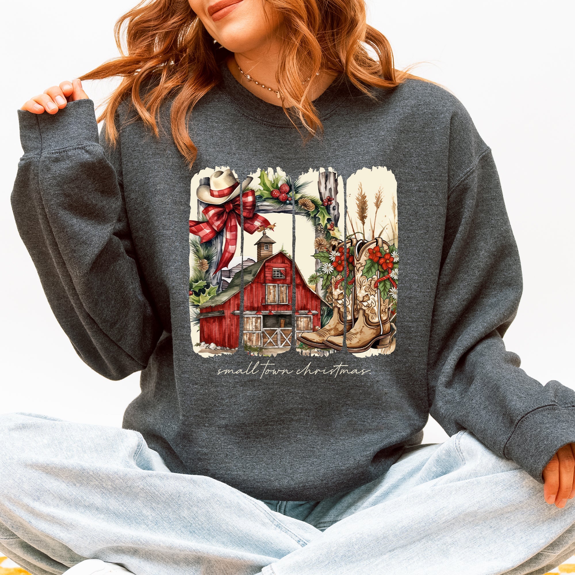 Small Town Christmas, Country, Farm Life, Santa Cozy Holiday Festive Farmhouse Charm Sweatshirt