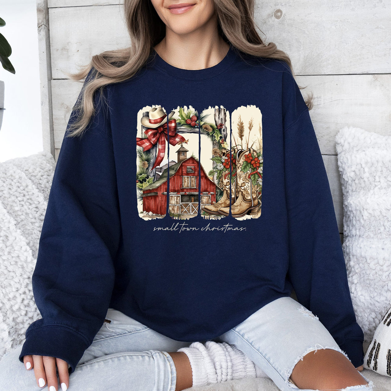 Small Town Christmas, Country, Farm Life, Santa Cozy Holiday Festive Farmhouse Charm Sweatshirt
