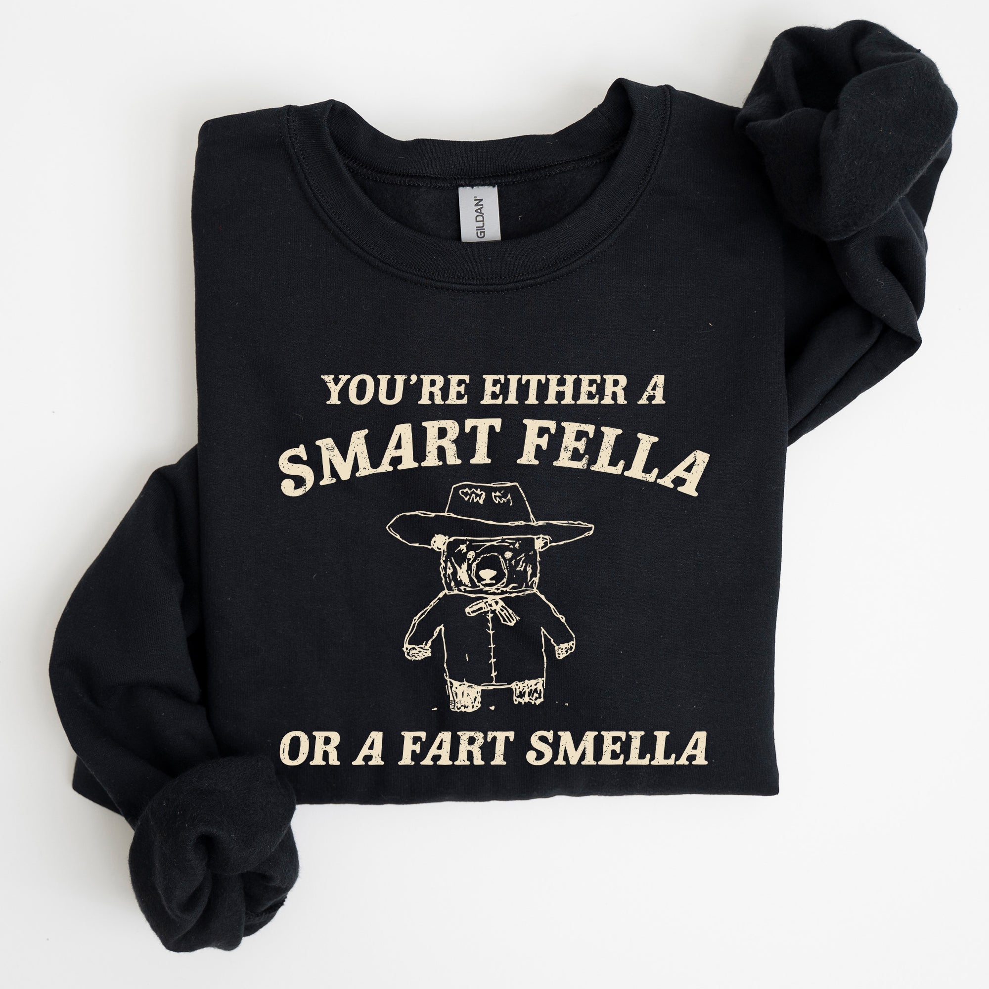 Smart Fella Fart Smeller Funny Bear Cartoon Character Whimsical Playful Bold Sweatshirt
