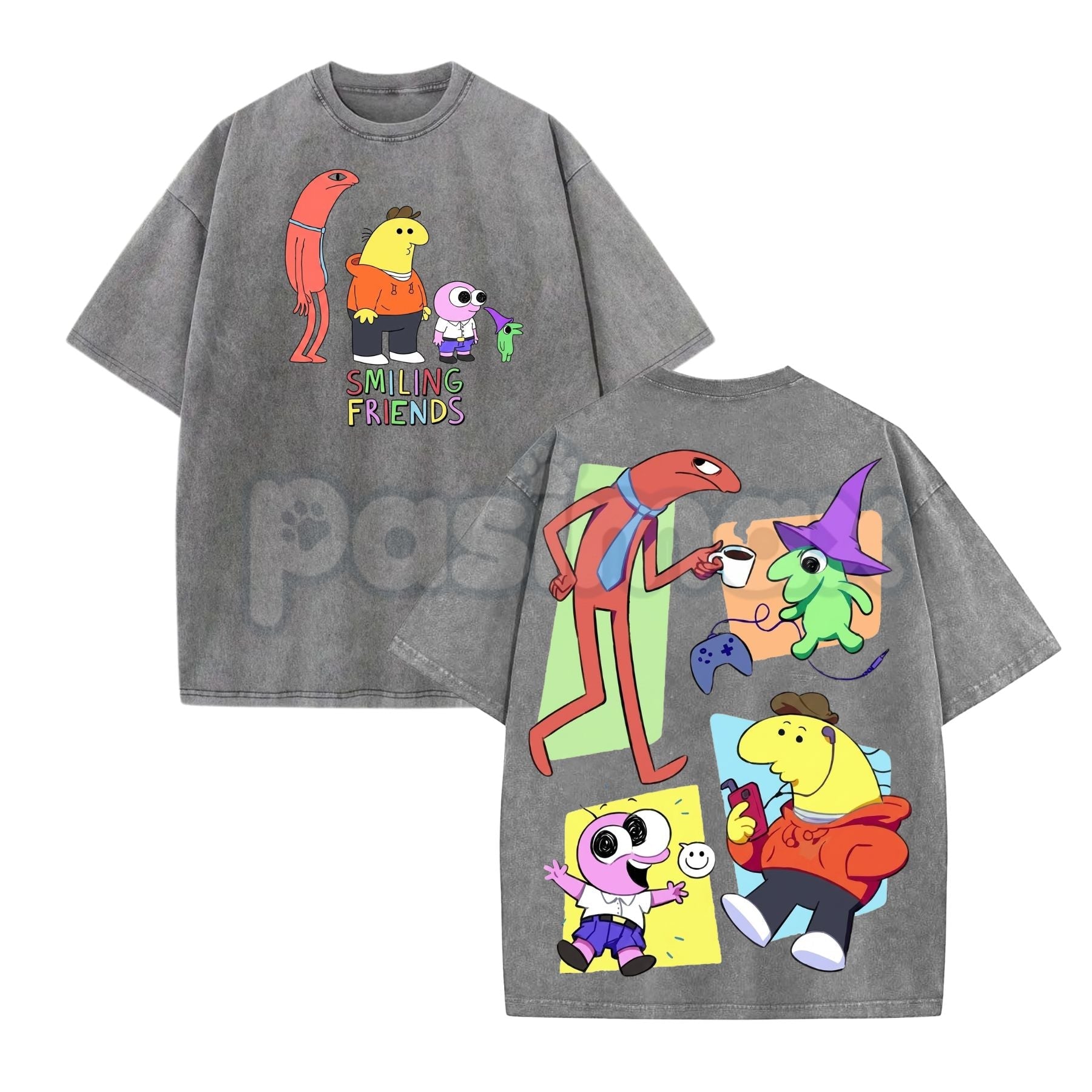 Smiling Friends Washed Cotton Shirt – Retro Season 3 Graphic Tee, Vintage Oversized Animation Merch
