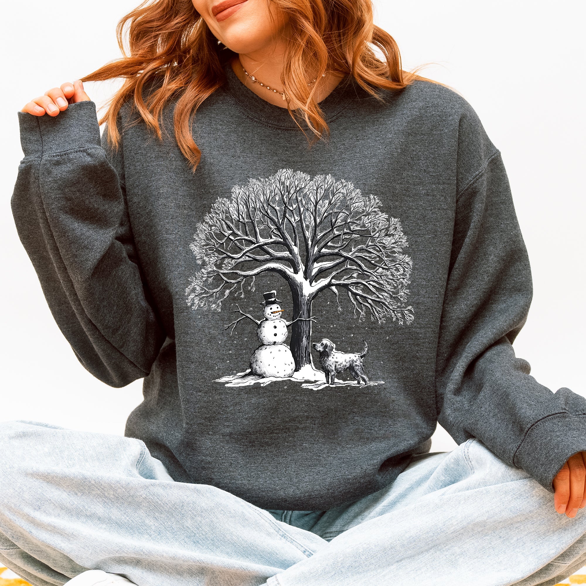 Snowman Dog Christmas Holiday Scene Retro Snowflake Pet Portrait Graphic Sweatshirt