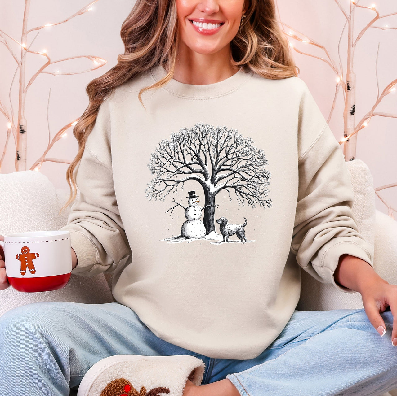 Snowman Dog Christmas Holiday Scene Retro Snowflake Pet Portrait Graphic Sweatshirt