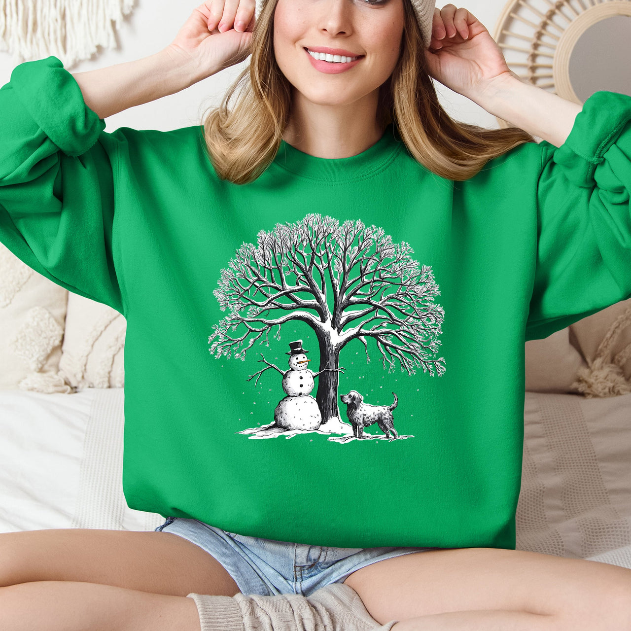 Snowman Dog Christmas Holiday Scene Retro Snowflake Pet Portrait Graphic Sweatshirt