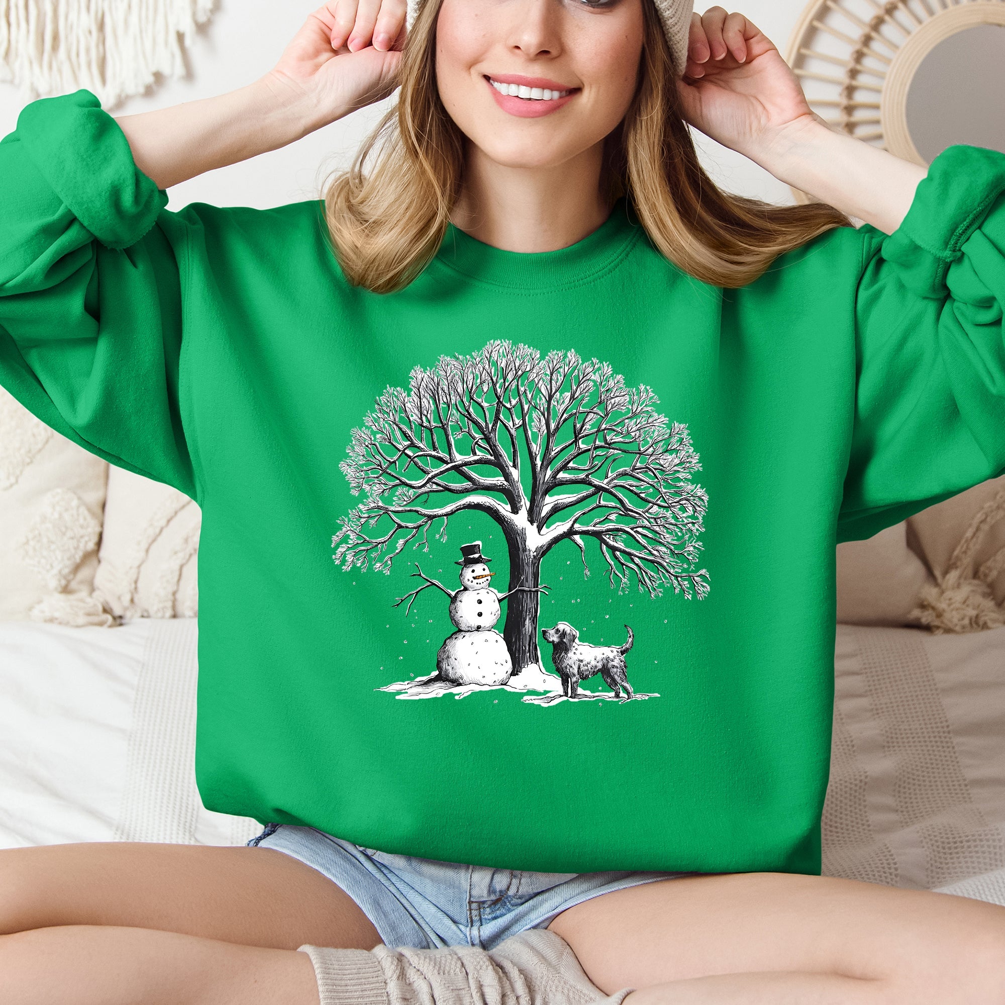 Snowman Dog Christmas Holiday Scene Retro Snowflake Pet Portrait Graphic Sweatshirt