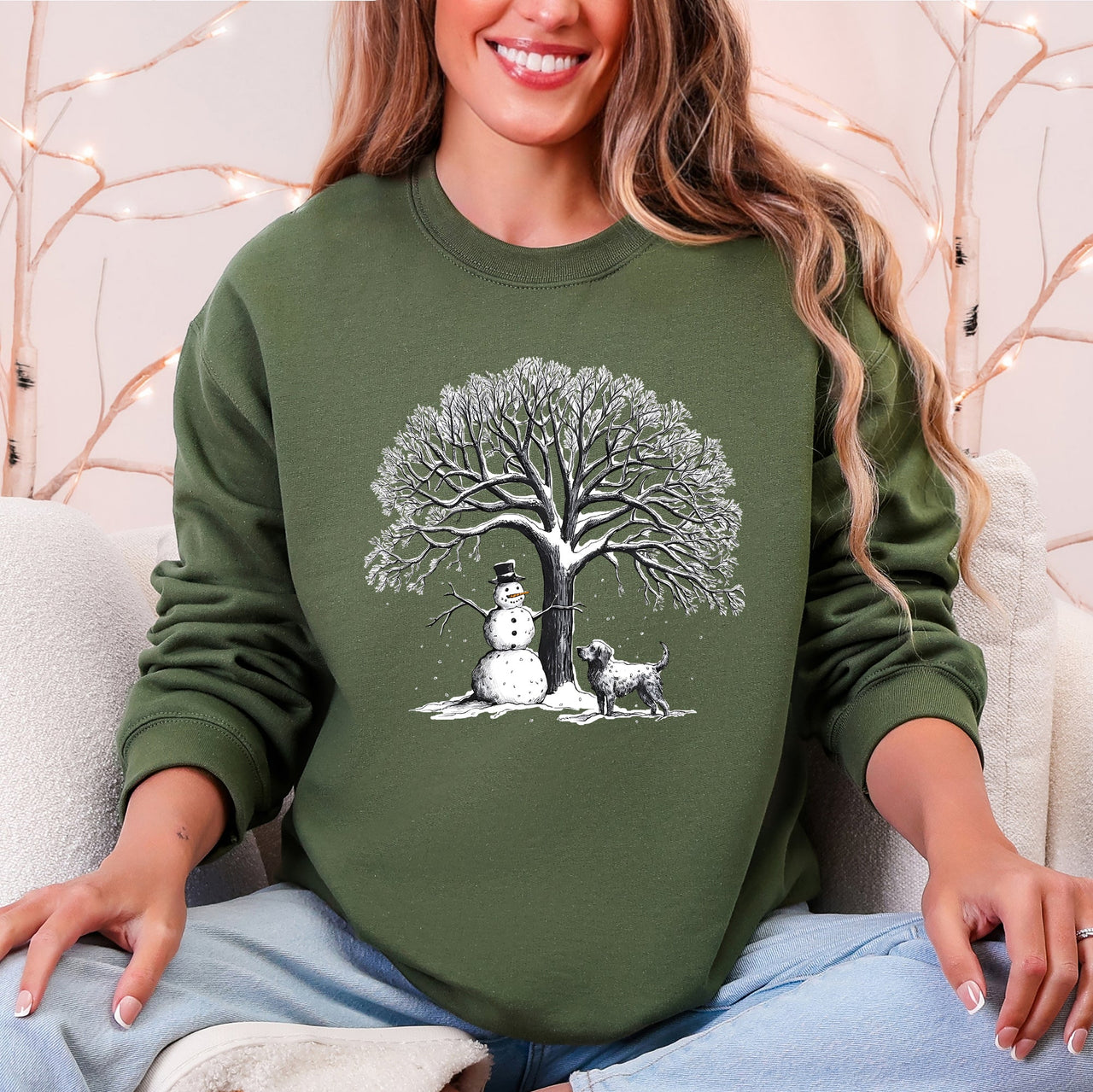 Snowman Dog Christmas Holiday Scene Retro Snowflake Pet Portrait Graphic Sweatshirt