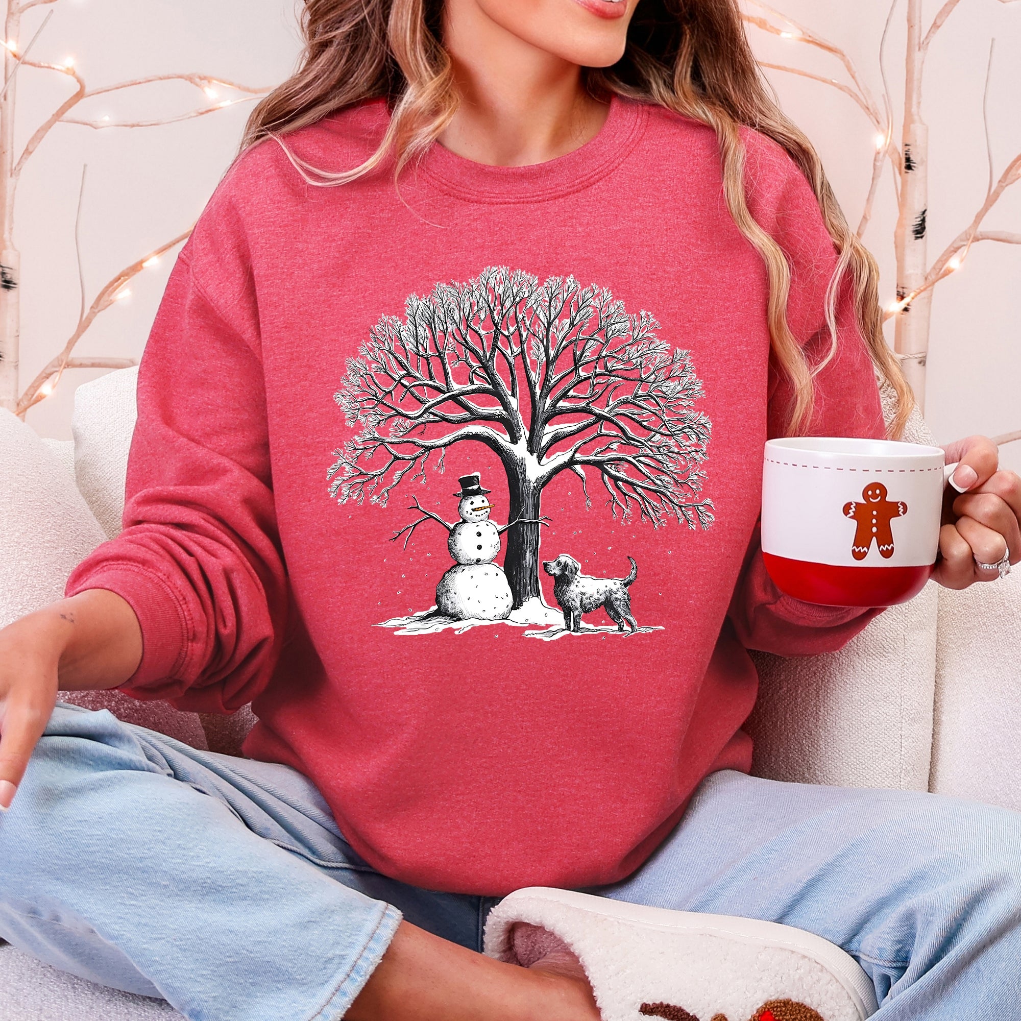 Snowman Dog Christmas Holiday Scene Retro Snowflake Pet Portrait Graphic Sweatshirt
