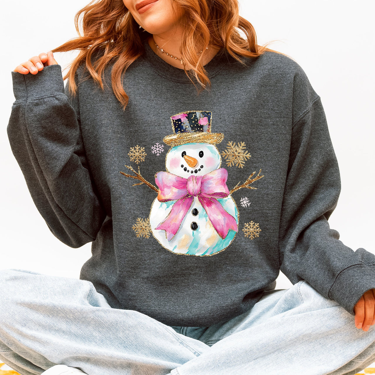 Snowman Christmas Snow Bow Ribbon Festive Holiday Print With Cheery Ribbon Accents Sweatshirt