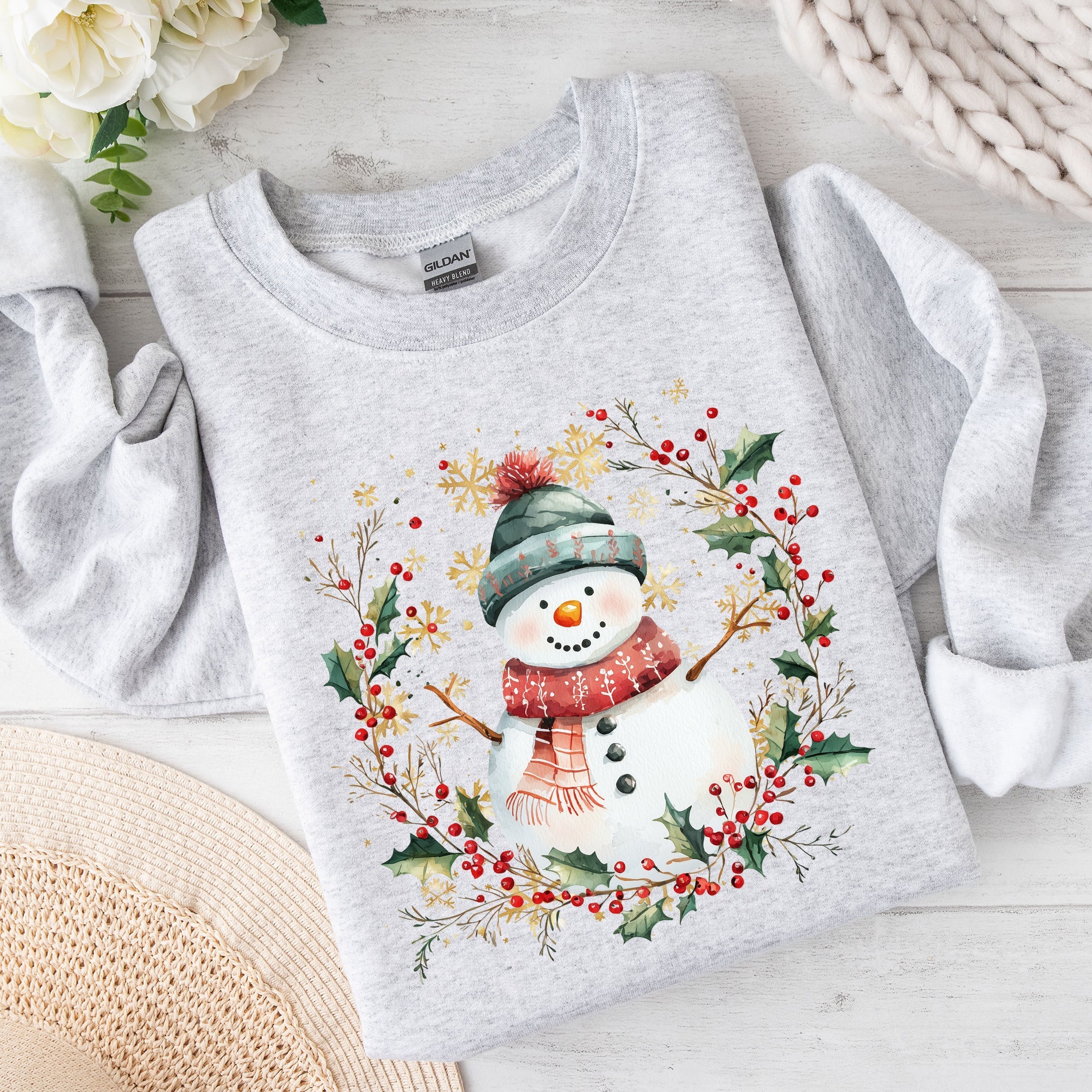 Festive Decorative Snowman Wreath Holiday Botanical Holly Santa Scene Graphic Sweatshirt