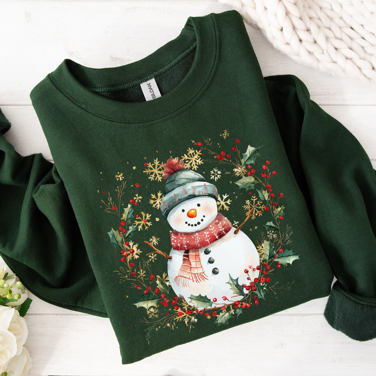 Festive Decorative Snowman Wreath Holiday Botanical Holly Santa Scene Graphic Sweatshirt