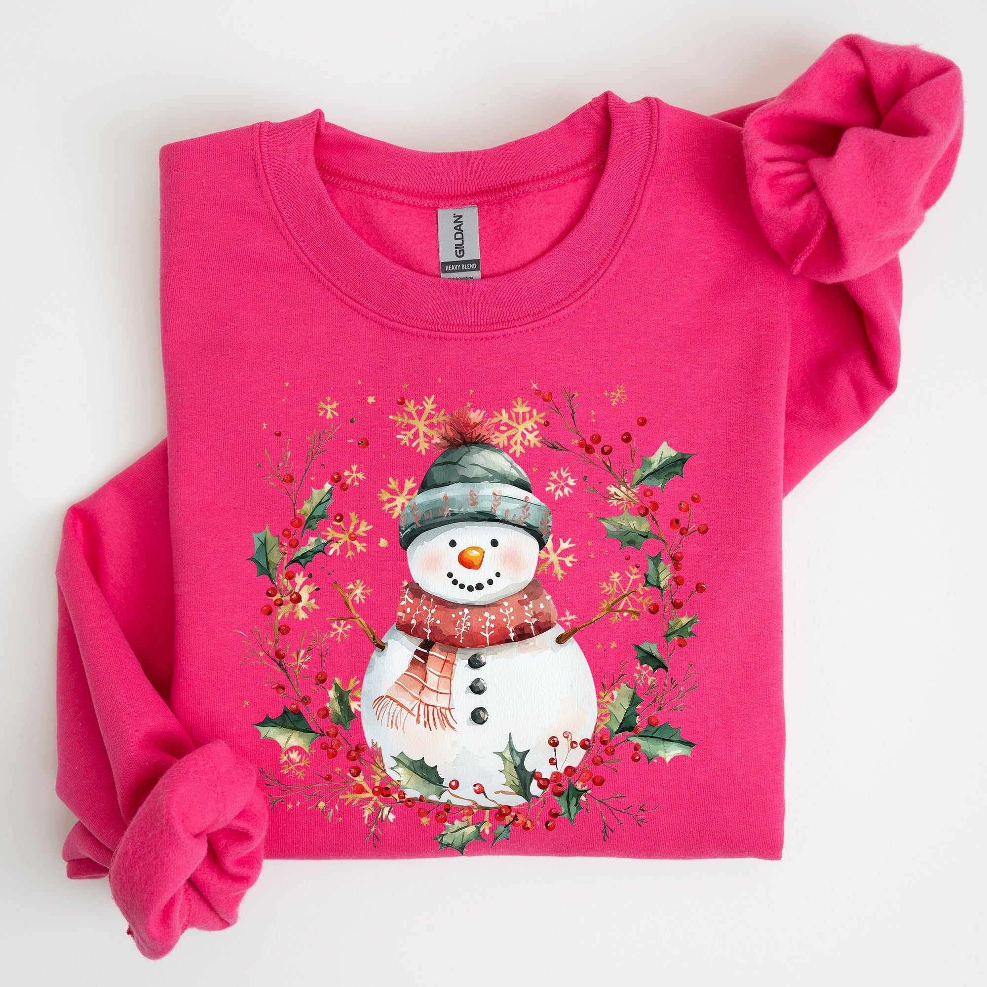 Festive Decorative Snowman Wreath Holiday Botanical Holly Santa Scene Graphic Sweatshirt