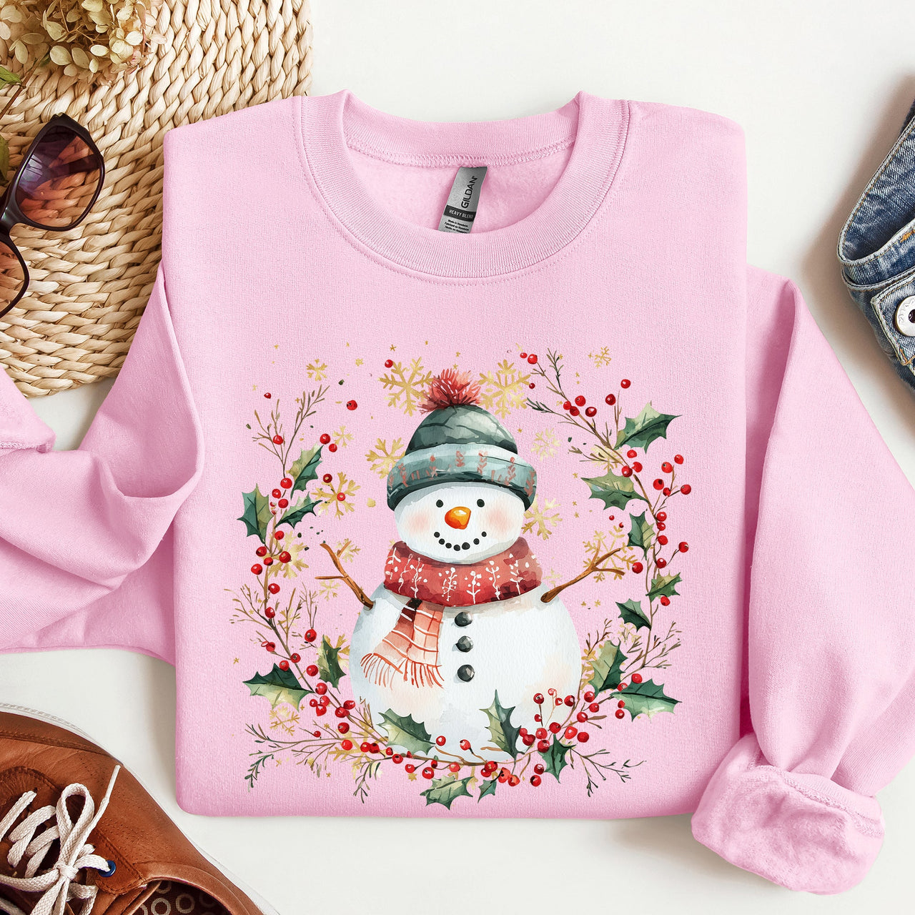 Festive Decorative Snowman Wreath Holiday Botanical Holly Santa Scene Graphic Sweatshirt