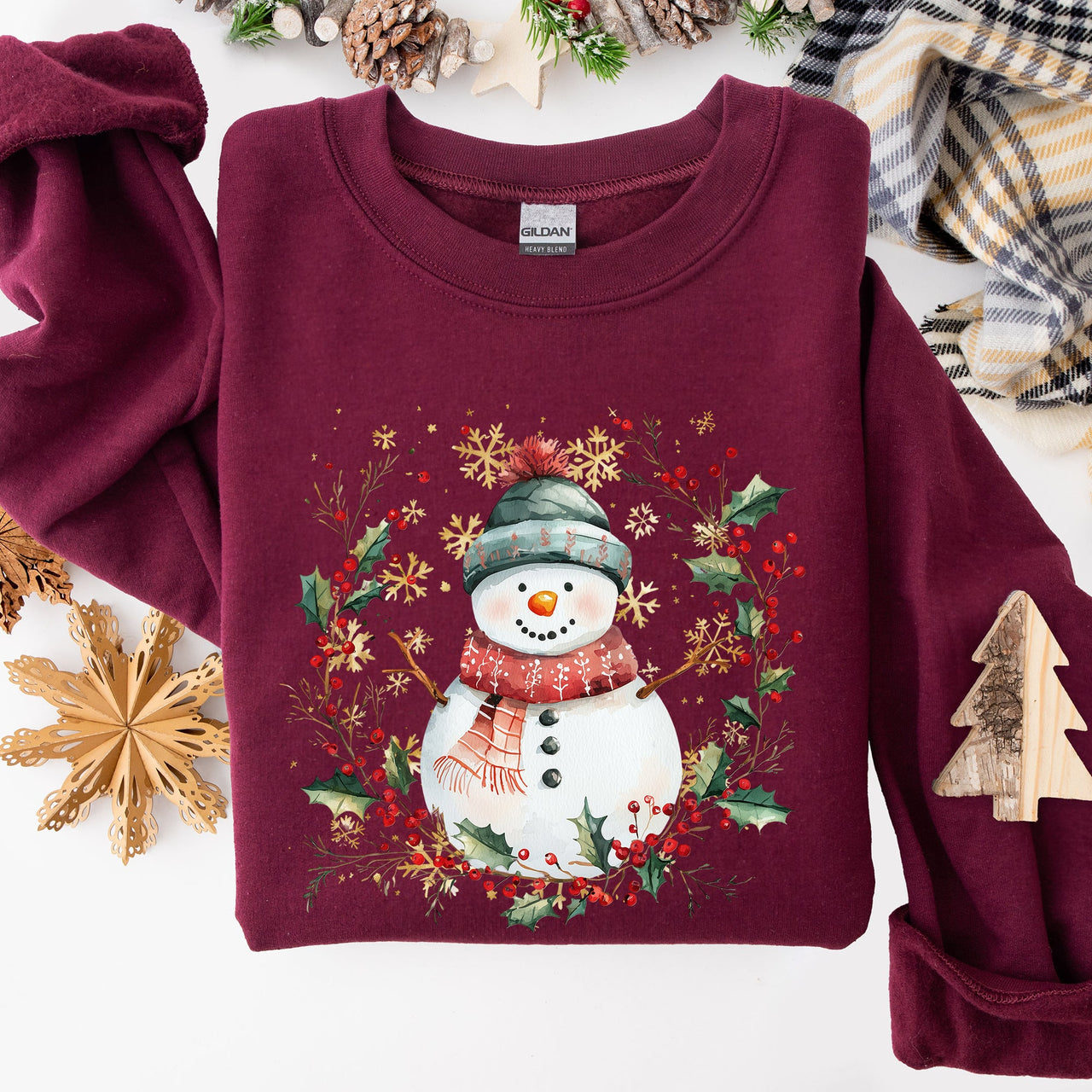 Festive Decorative Snowman Wreath Holiday Botanical Holly Santa Scene Graphic Sweatshirt