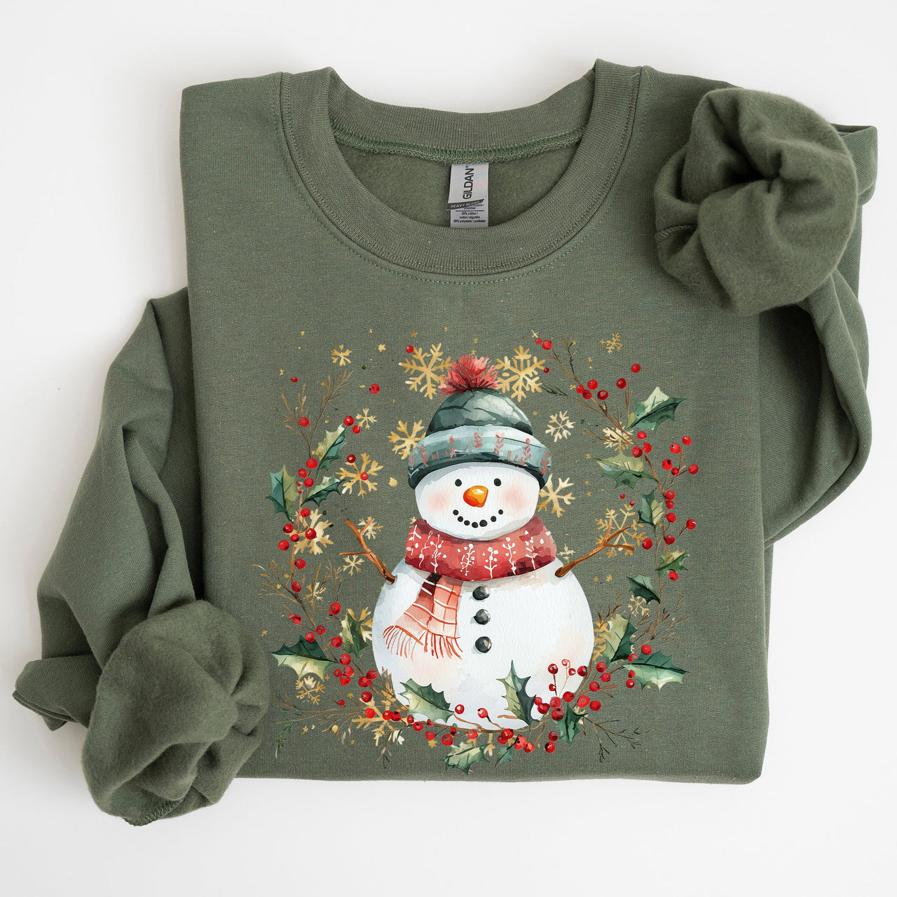 Festive Decorative Snowman Wreath Holiday Botanical Holly Santa Scene Graphic Sweatshirt