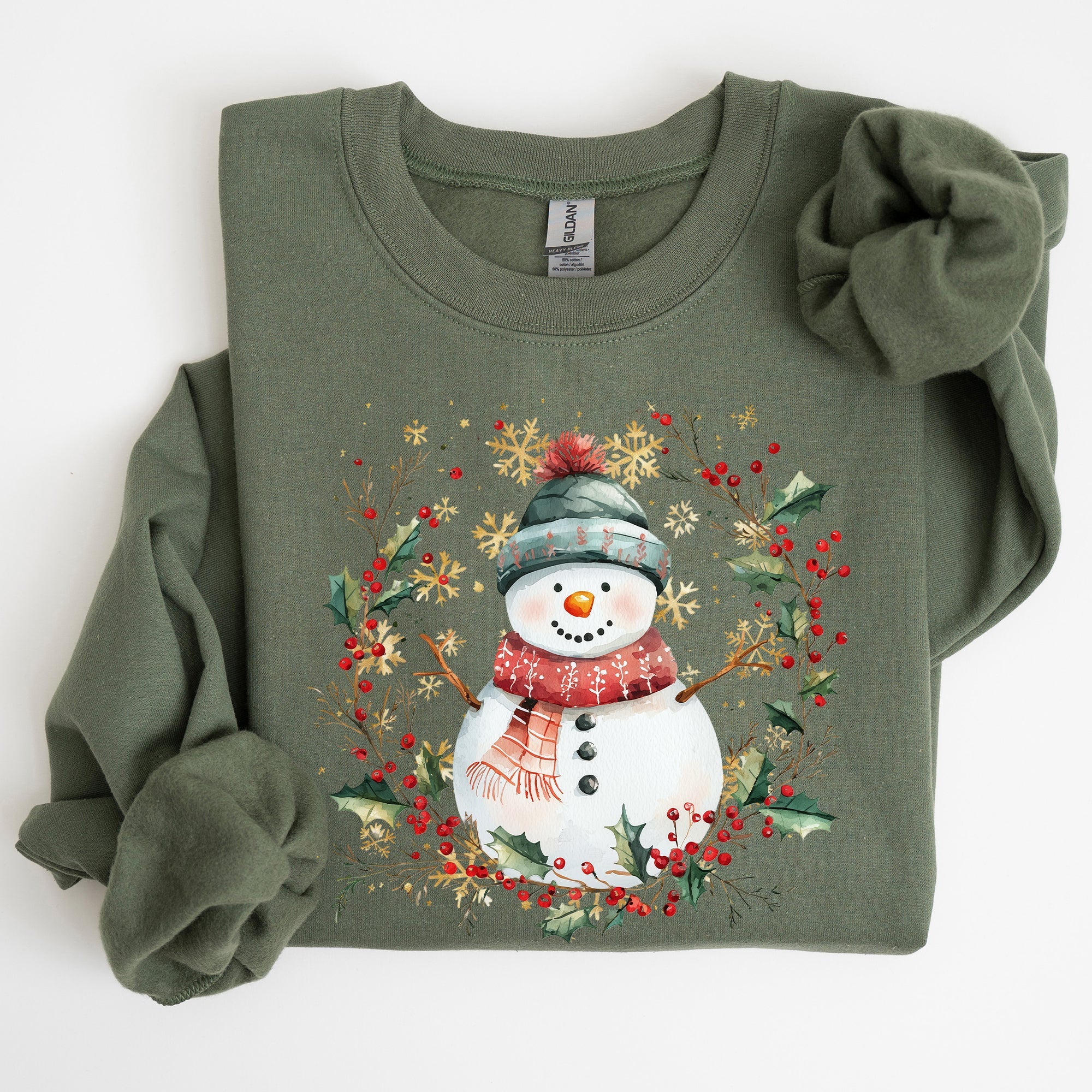 Festive Decorative Snowman Wreath Holiday Botanical Holly Santa Scene Graphic Sweatshirt