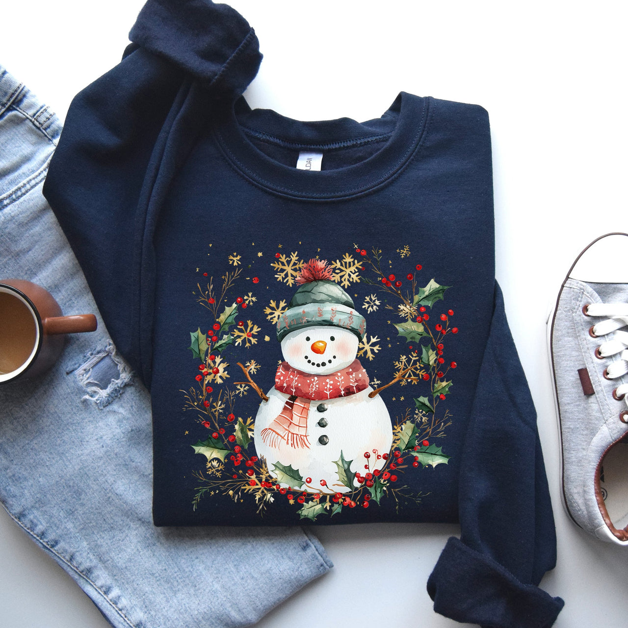Festive Decorative Snowman Wreath Holiday Botanical Holly Santa Scene Graphic Sweatshirt