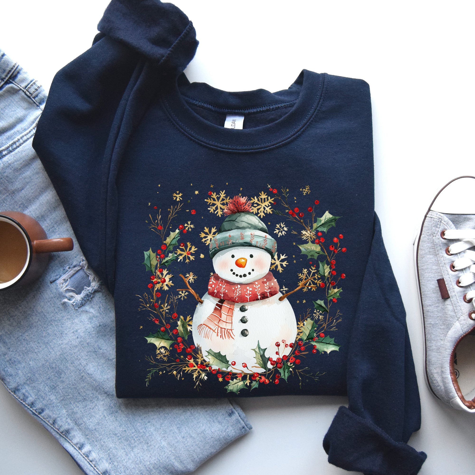 Festive Decorative Snowman Wreath Holiday Botanical Holly Santa Scene Graphic Sweatshirt