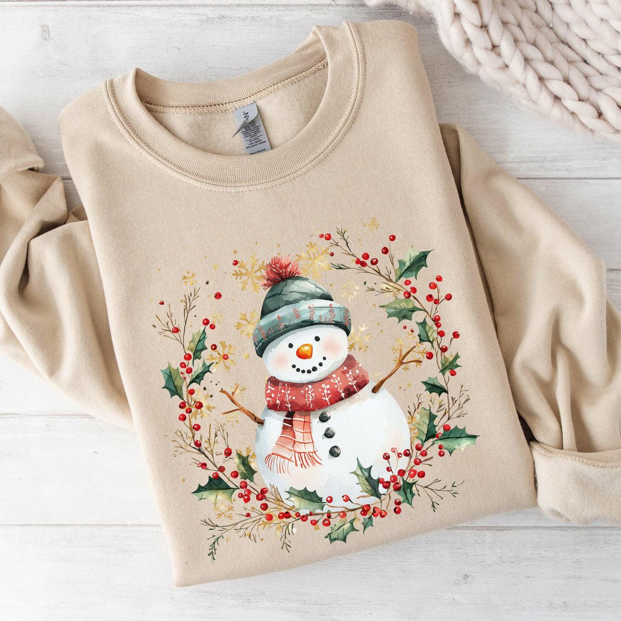 Festive Decorative Snowman Wreath Holiday Botanical Holly Santa Scene Graphic Sweatshirt