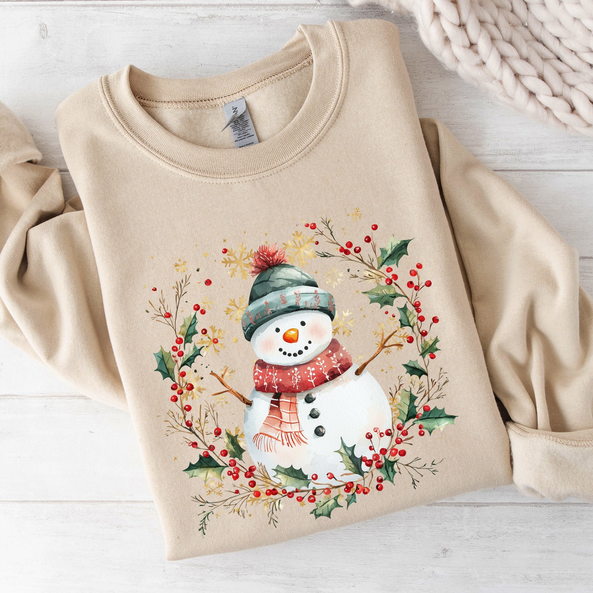 Festive Decorative Snowman Wreath Holiday Botanical Holly Santa Scene Graphic Sweatshirt