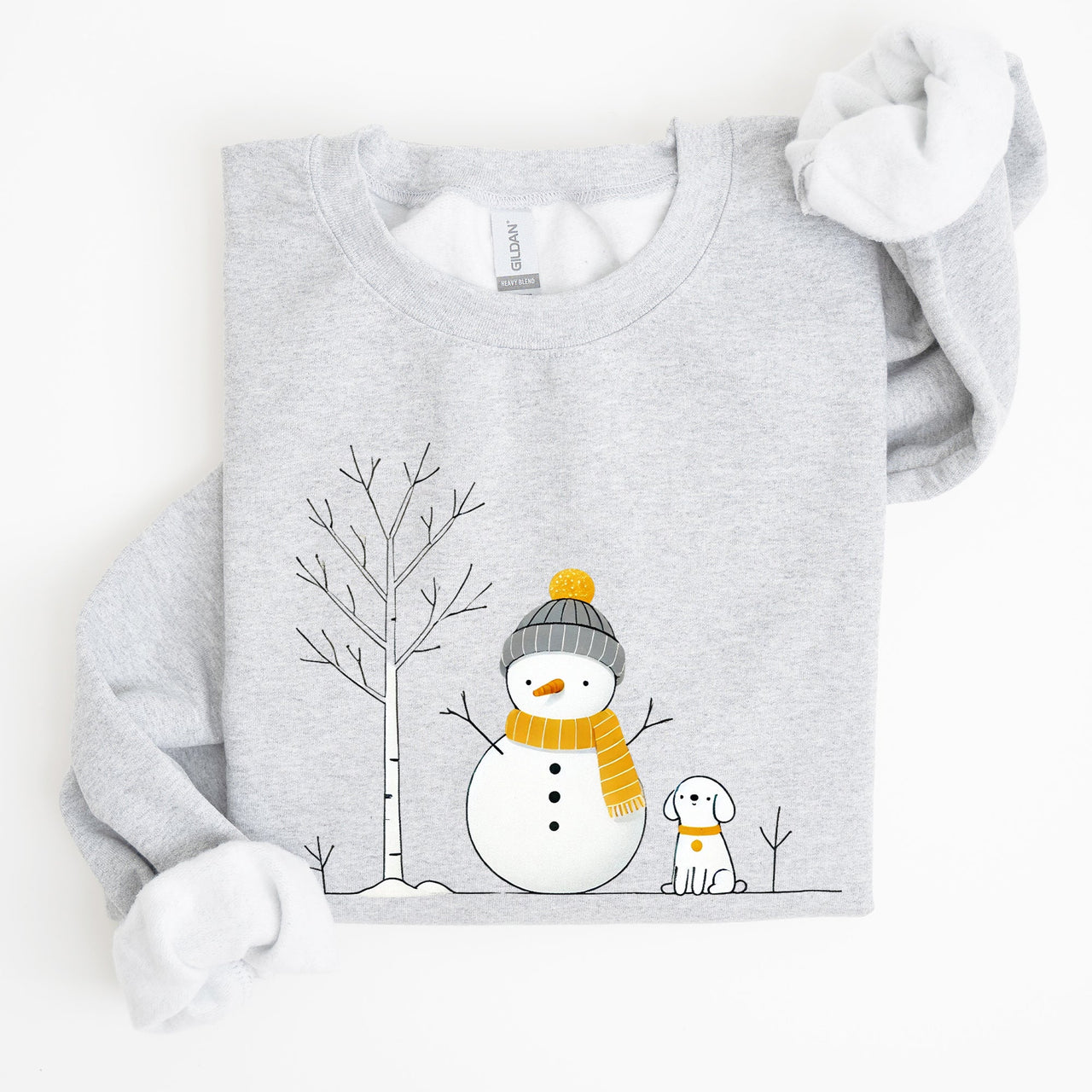 Snowman And Dog Winter Scene With Christmas Tree And Snowflake Accents Graphic Sweatshirt