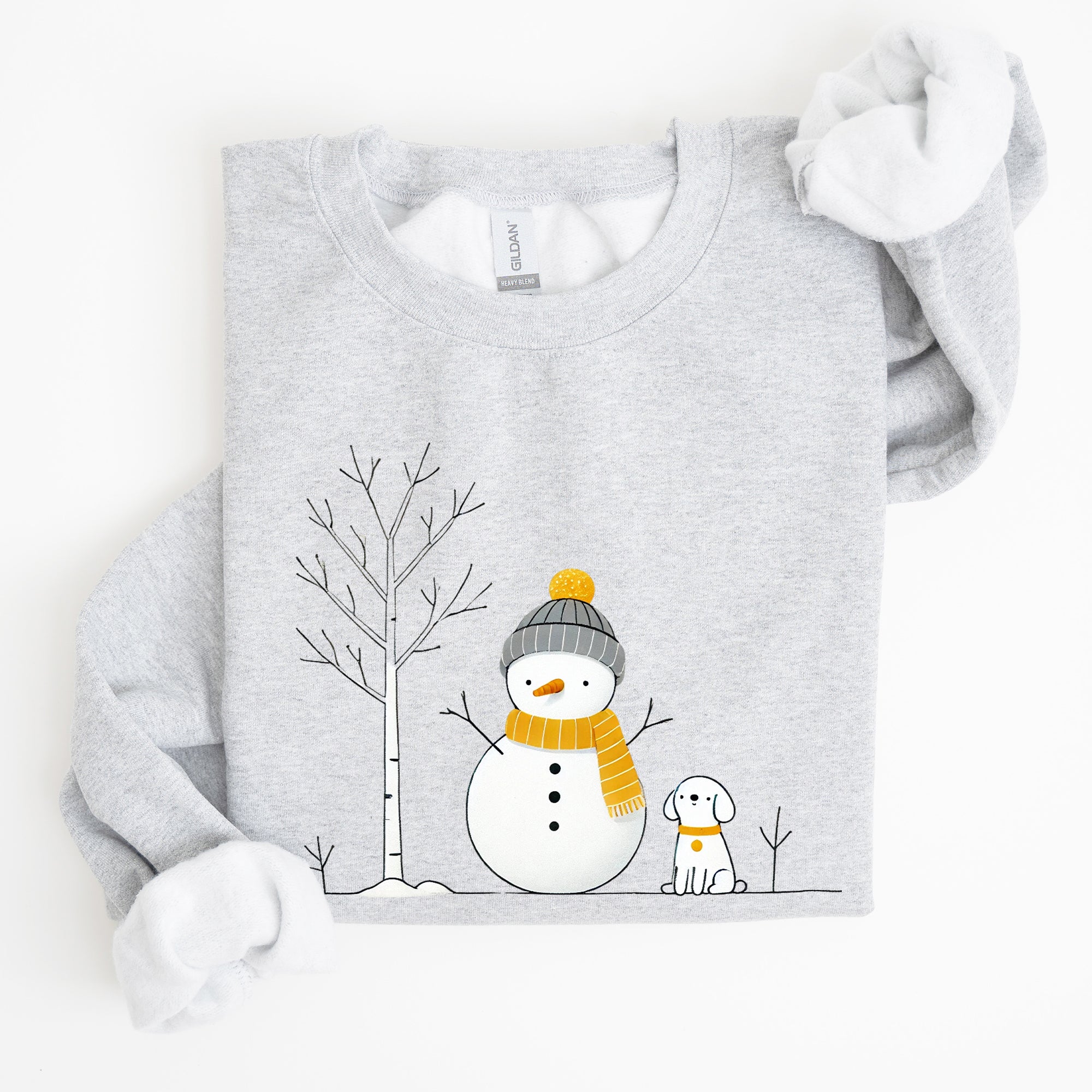 Snowman And Dog Winter Scene With Christmas Tree And Snowflake Accents Graphic Sweatshirt