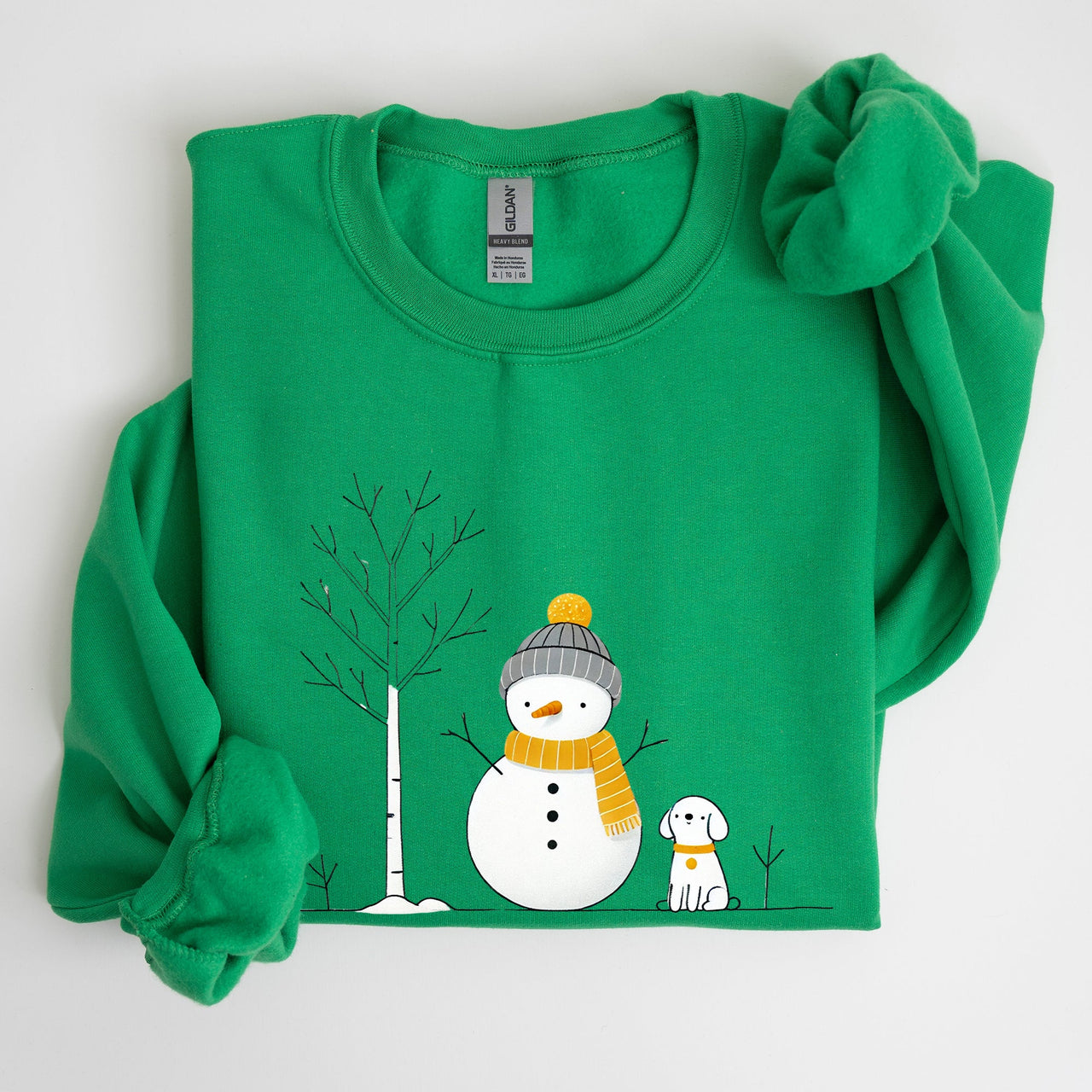 Snowman And Dog Winter Scene With Christmas Tree And Snowflake Accents Graphic Sweatshirt