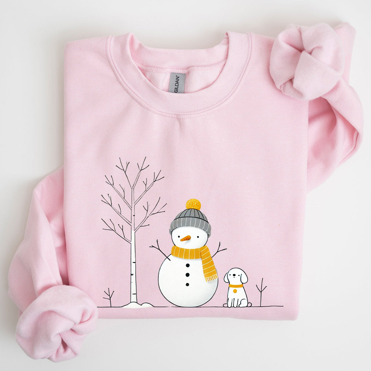 Snowman And Dog Winter Scene With Christmas Tree And Snowflake Accents Graphic Sweatshirt