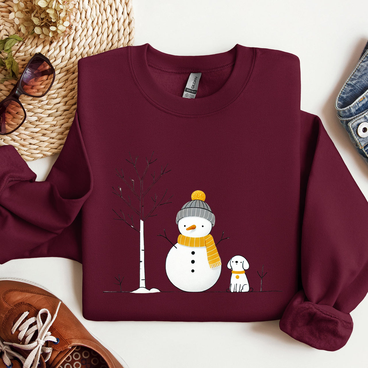 Snowman And Dog Winter Scene With Christmas Tree And Snowflake Accents Graphic Sweatshirt