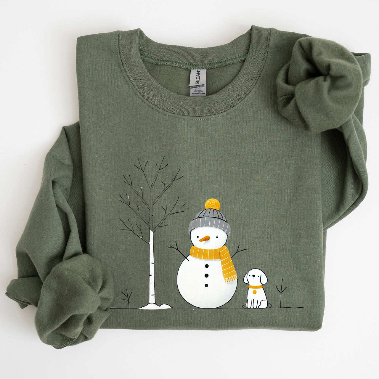 Snowman And Dog Winter Scene With Christmas Tree And Snowflake Accents Graphic Sweatshirt
