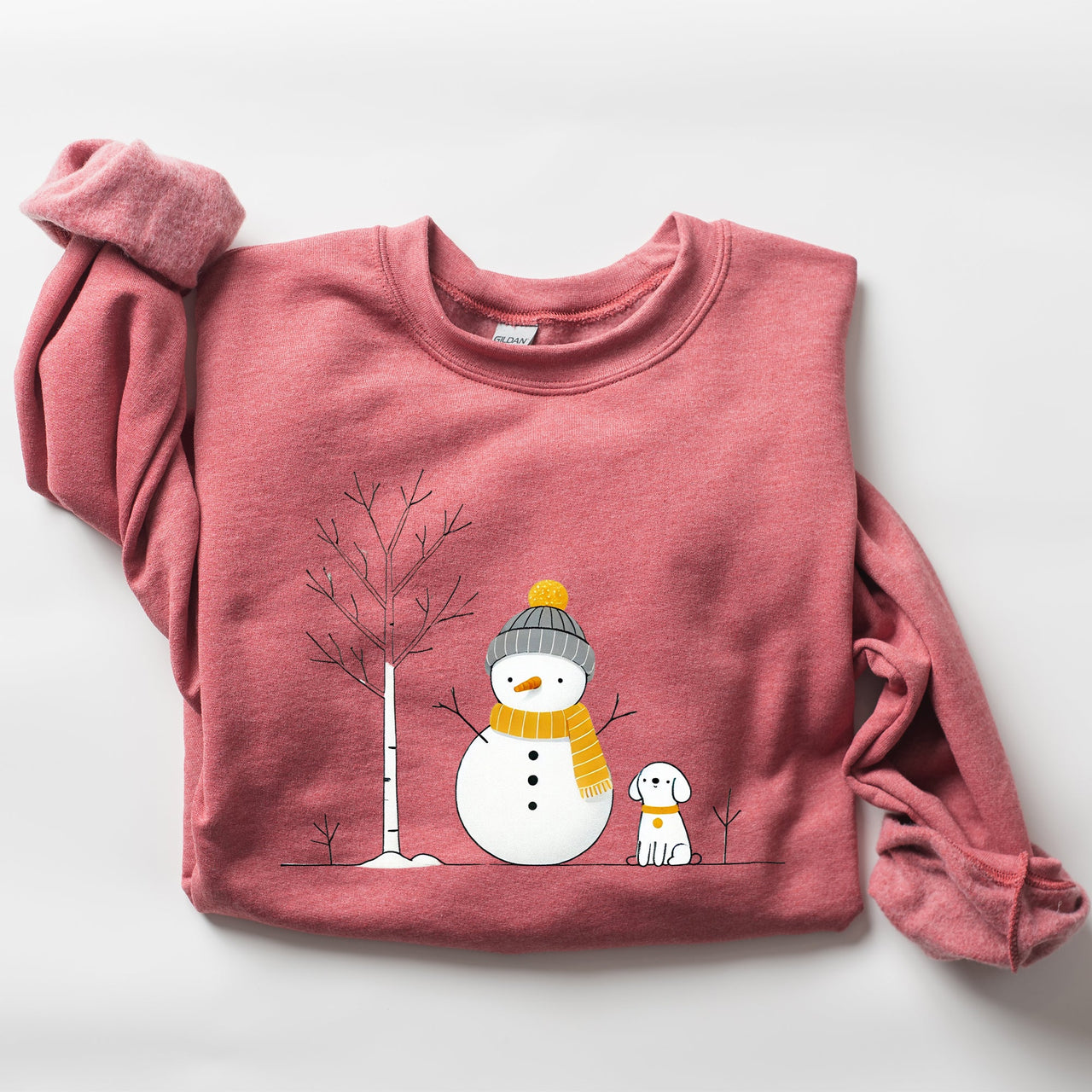 Snowman And Dog Winter Scene With Christmas Tree And Snowflake Accents Graphic Sweatshirt