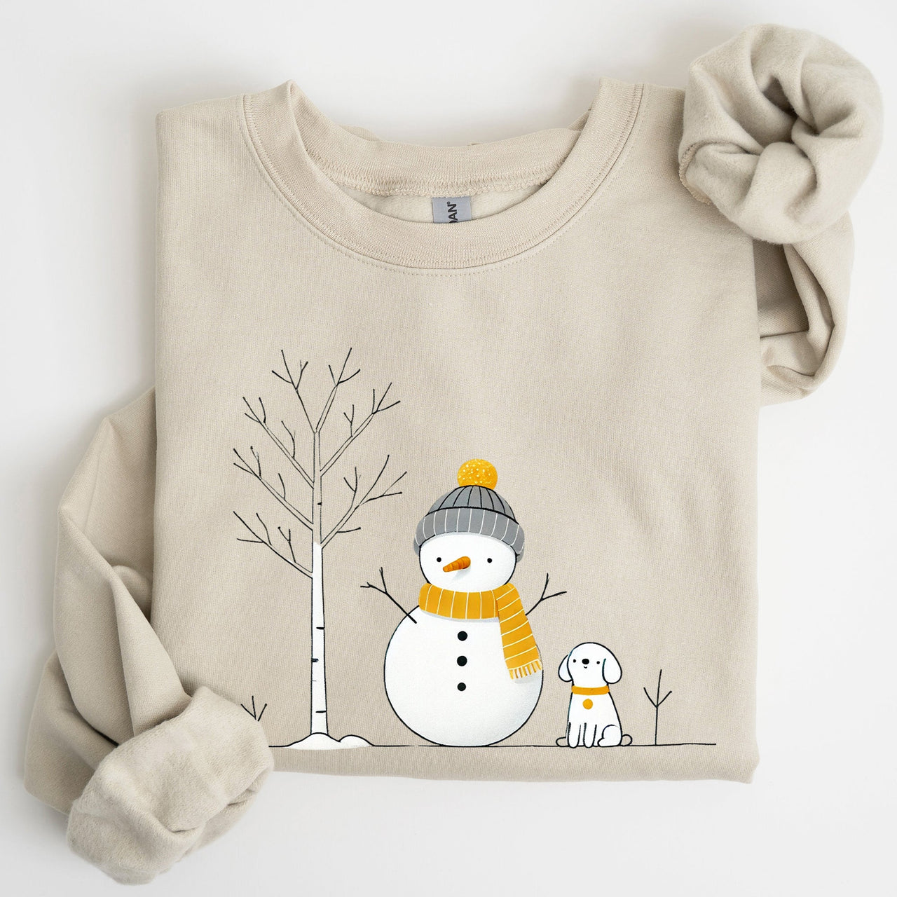 Snowman And Dog Winter Scene With Christmas Tree And Snowflake Accents Graphic Sweatshirt