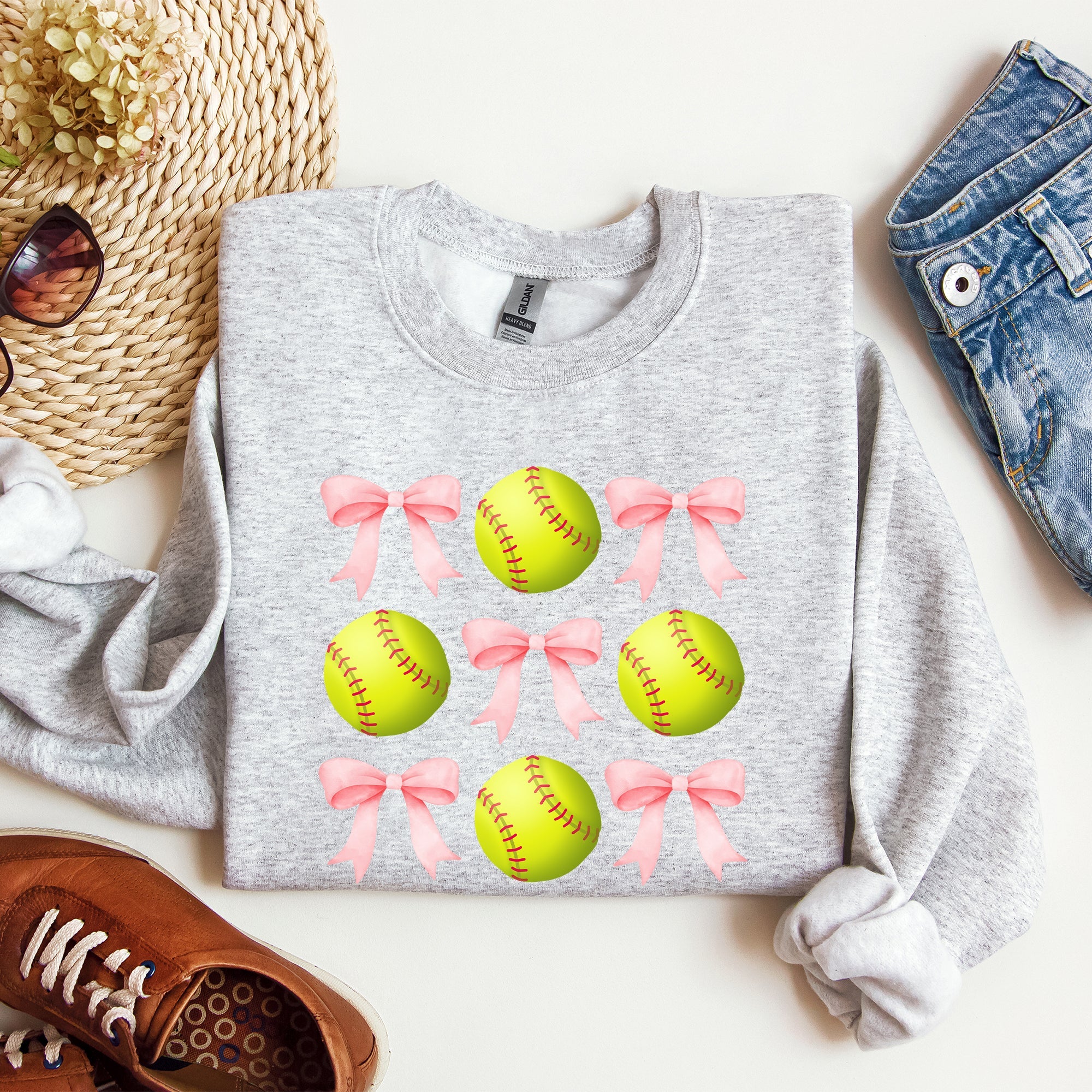 Softball Pink Bows Sports Coquette Vintage Inspired Soft Touch Cozy Fleece Sweatshirt