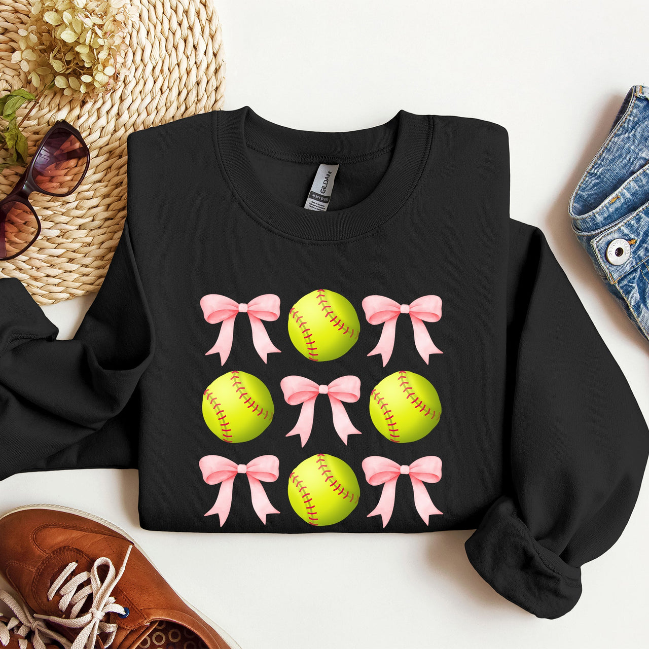 Softball Pink Bows Sports Coquette Vintage Inspired Soft Touch Cozy Fleece Sweatshirt